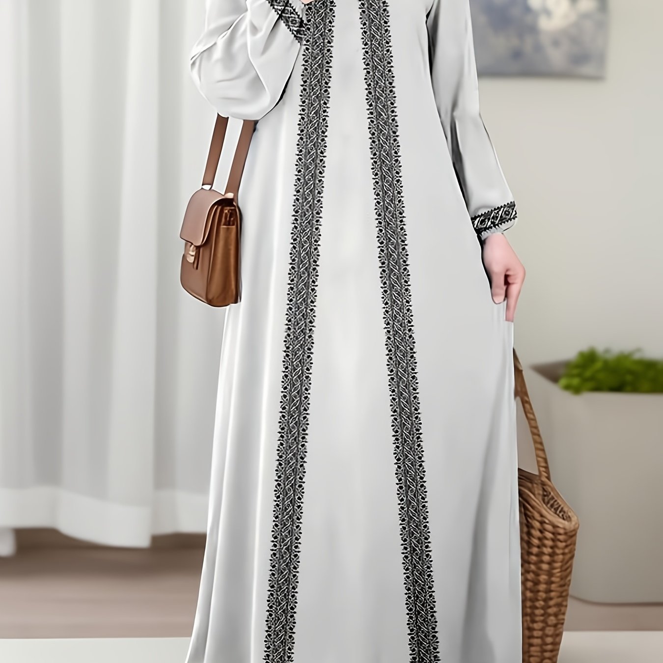 TEMU 2026 , Women's Robe, Loose Fit, Casual Fashion, Traditional Style, Floral Pattern, Suitable For Easy Long Sleeve Floral Long Dress, , (headscarf