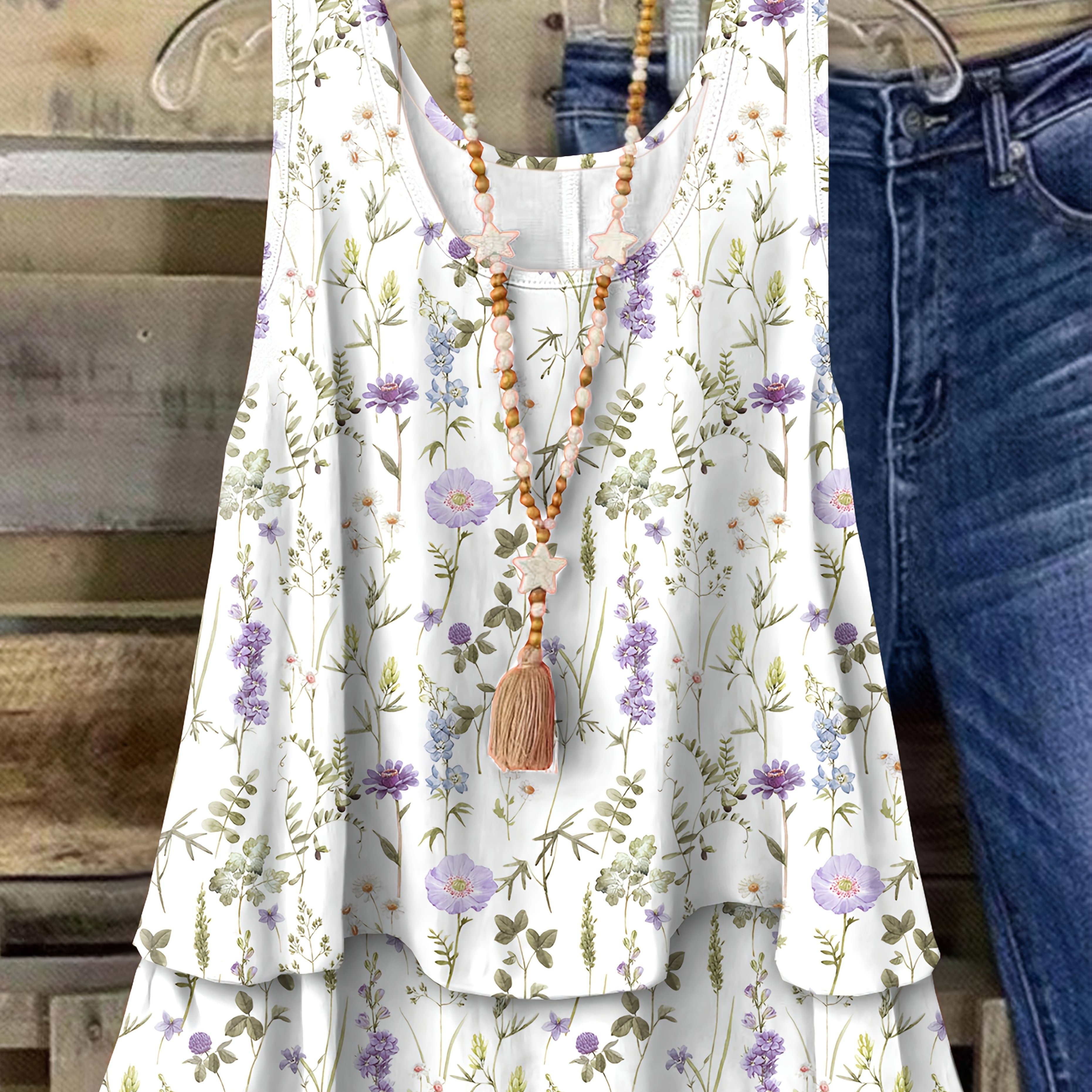 Plus Size, Plus Size Fashionable And Elegant 2-in-1 Look Crew Neck Printed Tank Top