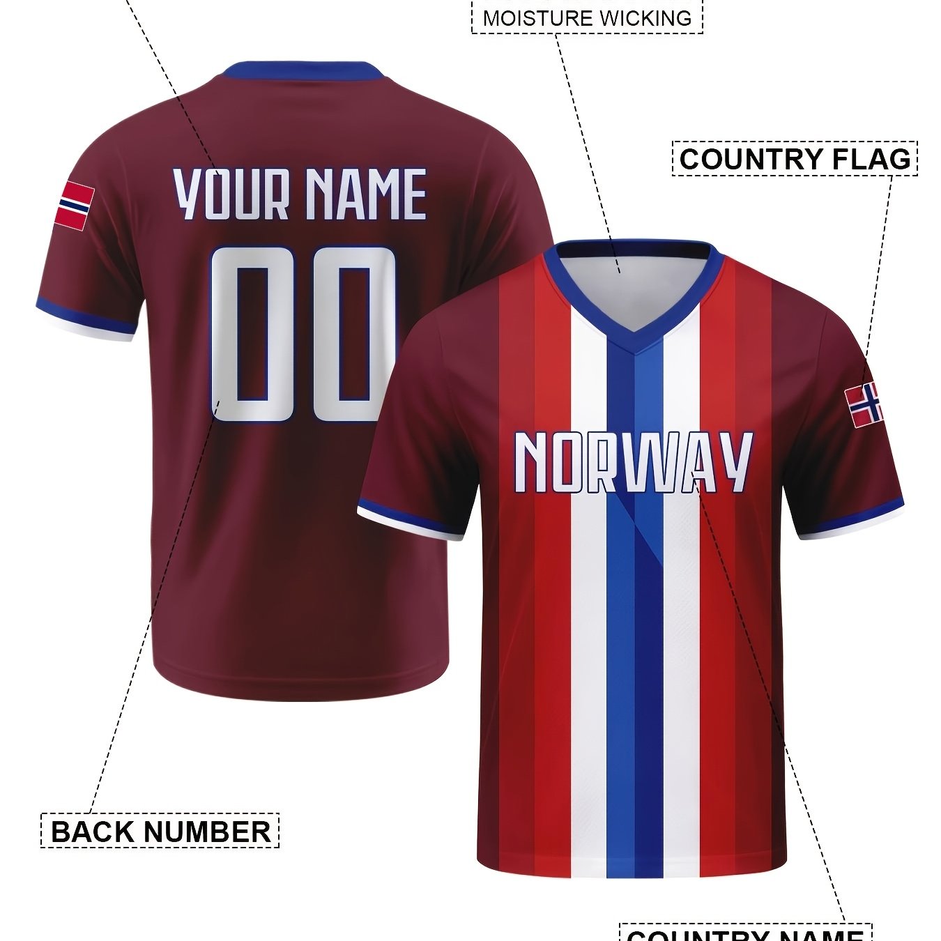 TEMU Norway Themed Men's T-shirt Striped V-neck Short-sleeve Back Customizable Name And Number Suitable For Football Match Watching Daily Casual Wear