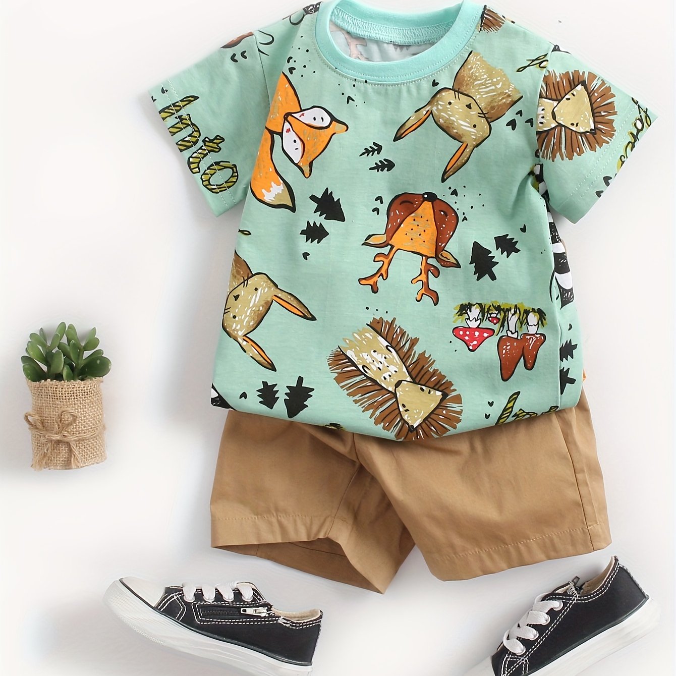 Image of 2pcs Set Boys' Cute Casual Animal Print Short-sleeve T-shirt And Shorts For Summer, Perfect For Outdoor
