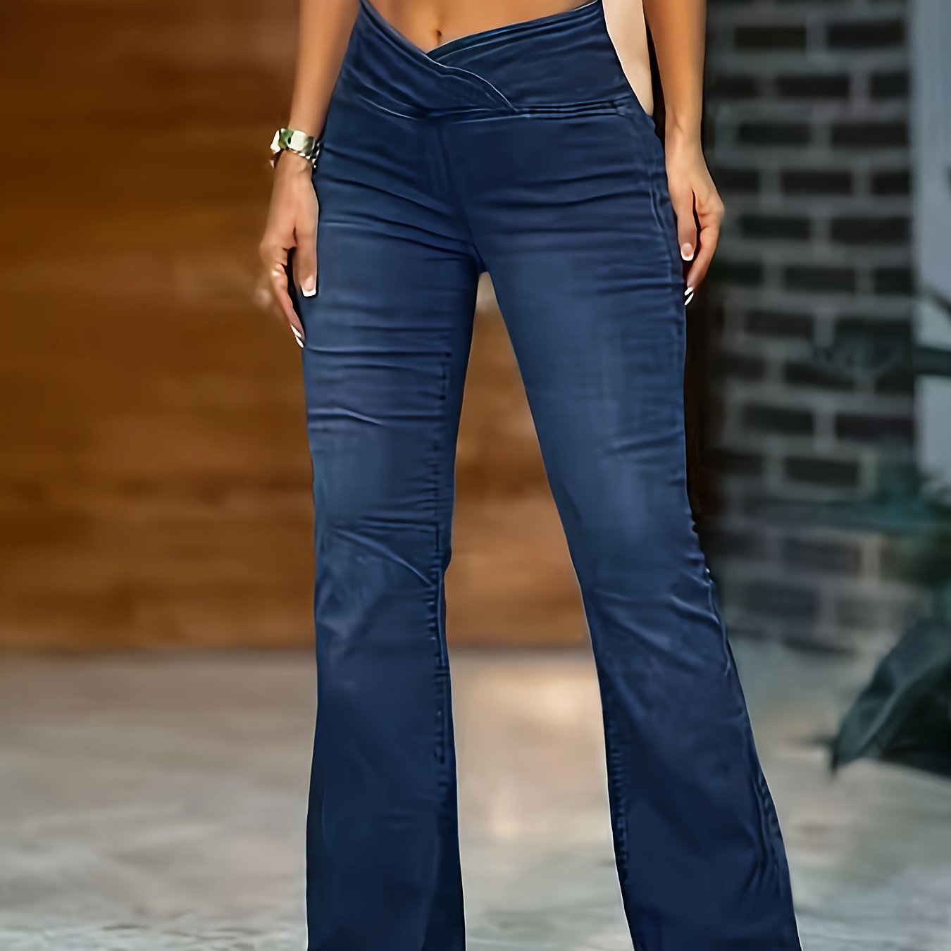Image of Women's High-waisted Stretch Denim Pants, Fashionable And Versatile 25aw Cross-waist Dark Blue Flare Jeans