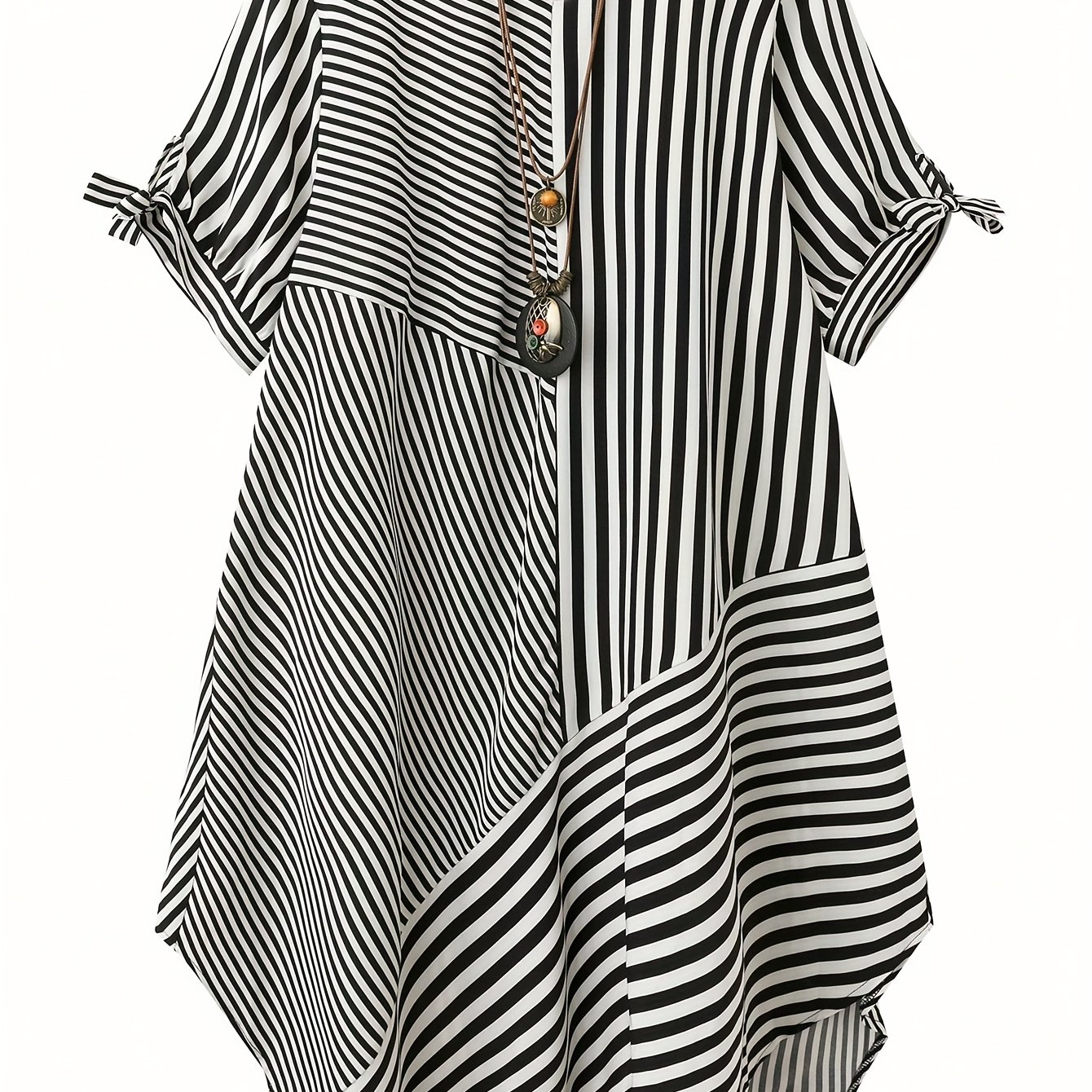 Image of Plus Size - Plus Size - Elegant Women's Casual Striped Lace- Hem Round Neck Short Sleeve Plus Size Dress, Vintage Style, Suitable For Work, Spring Summer Fall