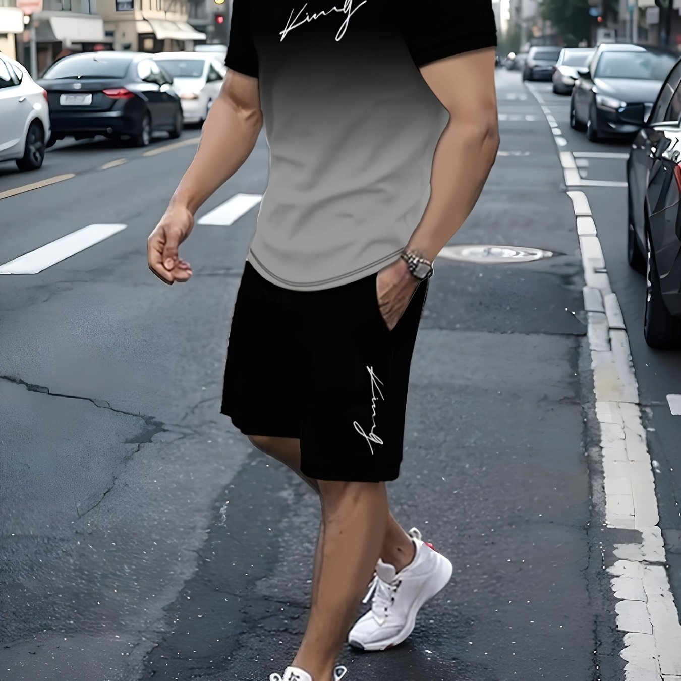 TEMU King Signature Men's Two-piece Athletic Outfit: Graduated Color T-shirt And Shorts - Summer Collection - High- Print - Men's Casual Sportswear - Middle East