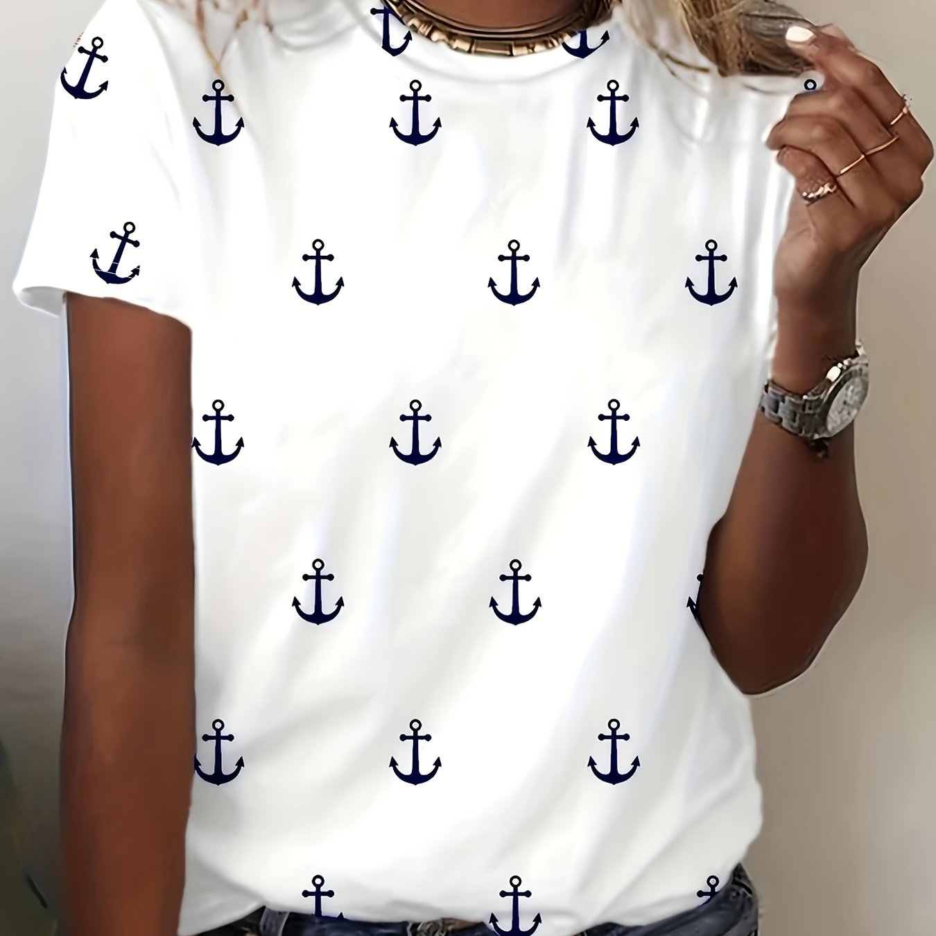 Anchors Print Women's Summer Casual Short Sleeve Shirt, Printed Shirt