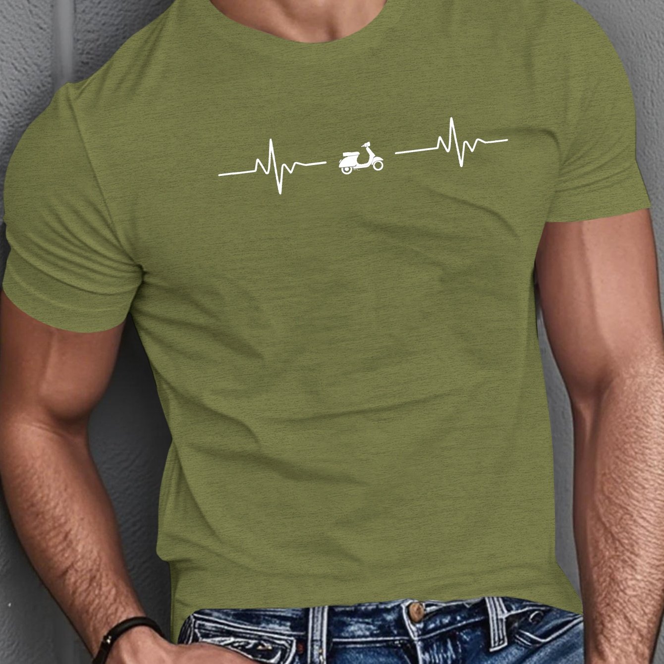 TEMU Men's Summer T-shirt Featuring A Scooter Design With A Heartbeat Line