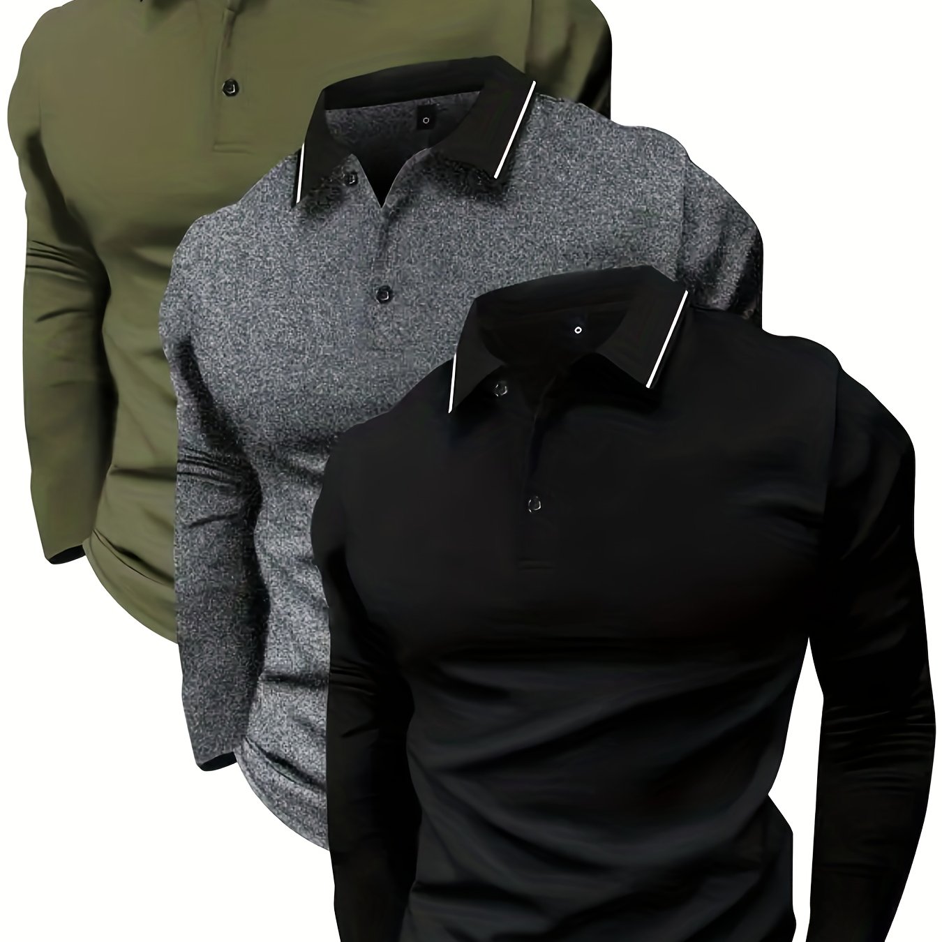 TEMU Conjunto de tres polos de hombre con solapa, camisetas de larga para y otoño, ropa de hombre casual vintage sencilla para deportes diarios al ,