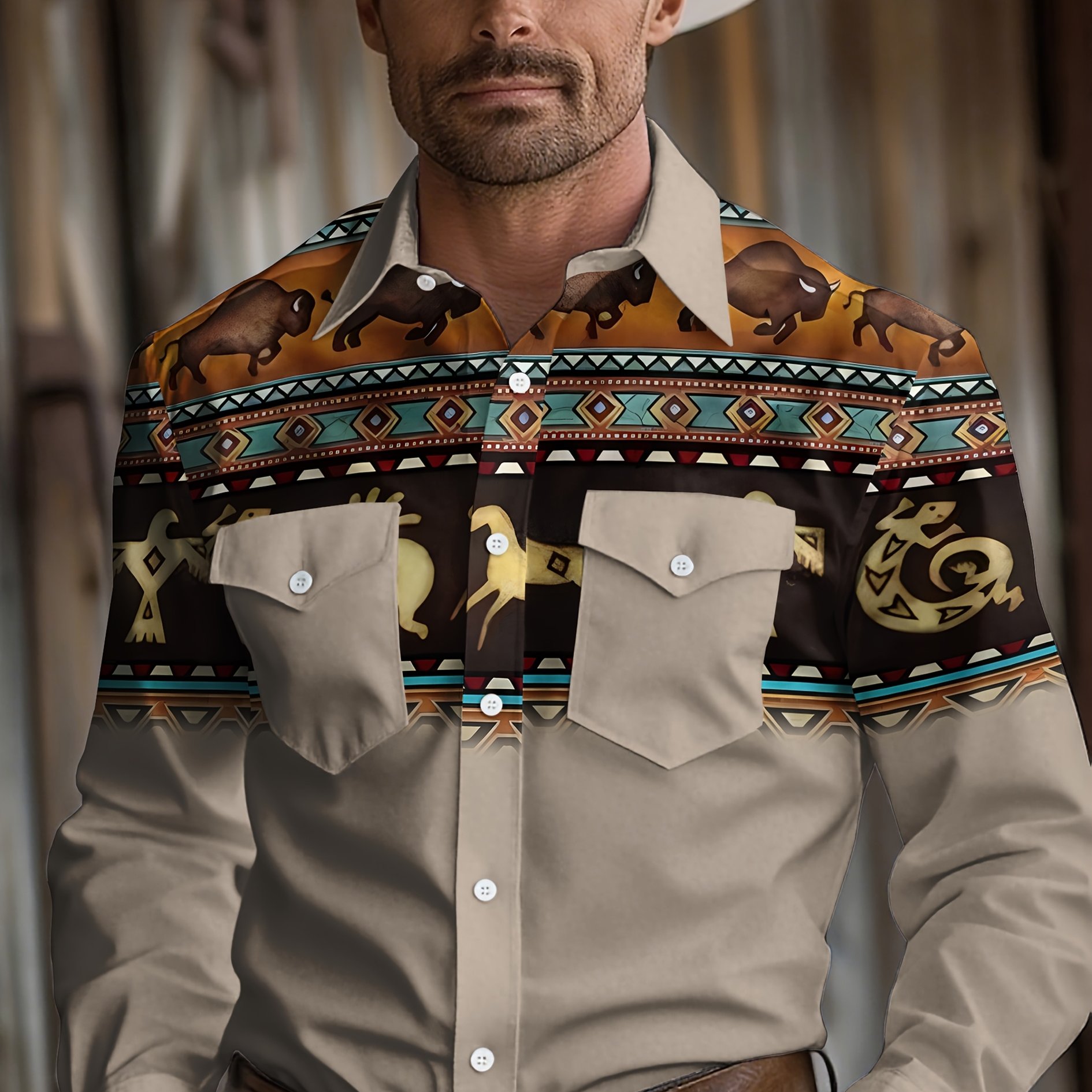 TEMU Men's Western Cowboy Tribal Pattern Shirt, Long Sleeve Button-up Work Collar, Slightly Stretchy Fabric, Print Design, Casual Outdoor Folding