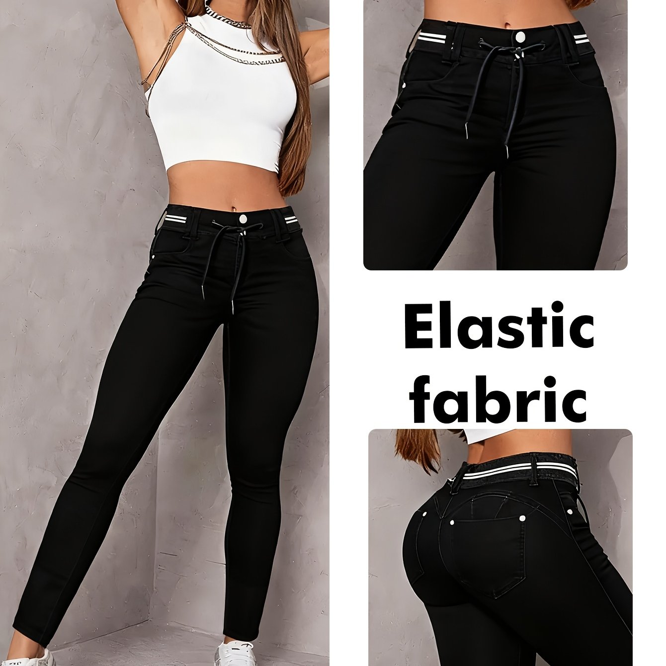 Women's High-waisted Stretch Skinny Jeans - Elegant Slim-fit Pants With Beltless Waist & Double Button Closure, Solid Denim For Wear, Casual To Dressy Outfits (long Length) | Non- & (hand/)