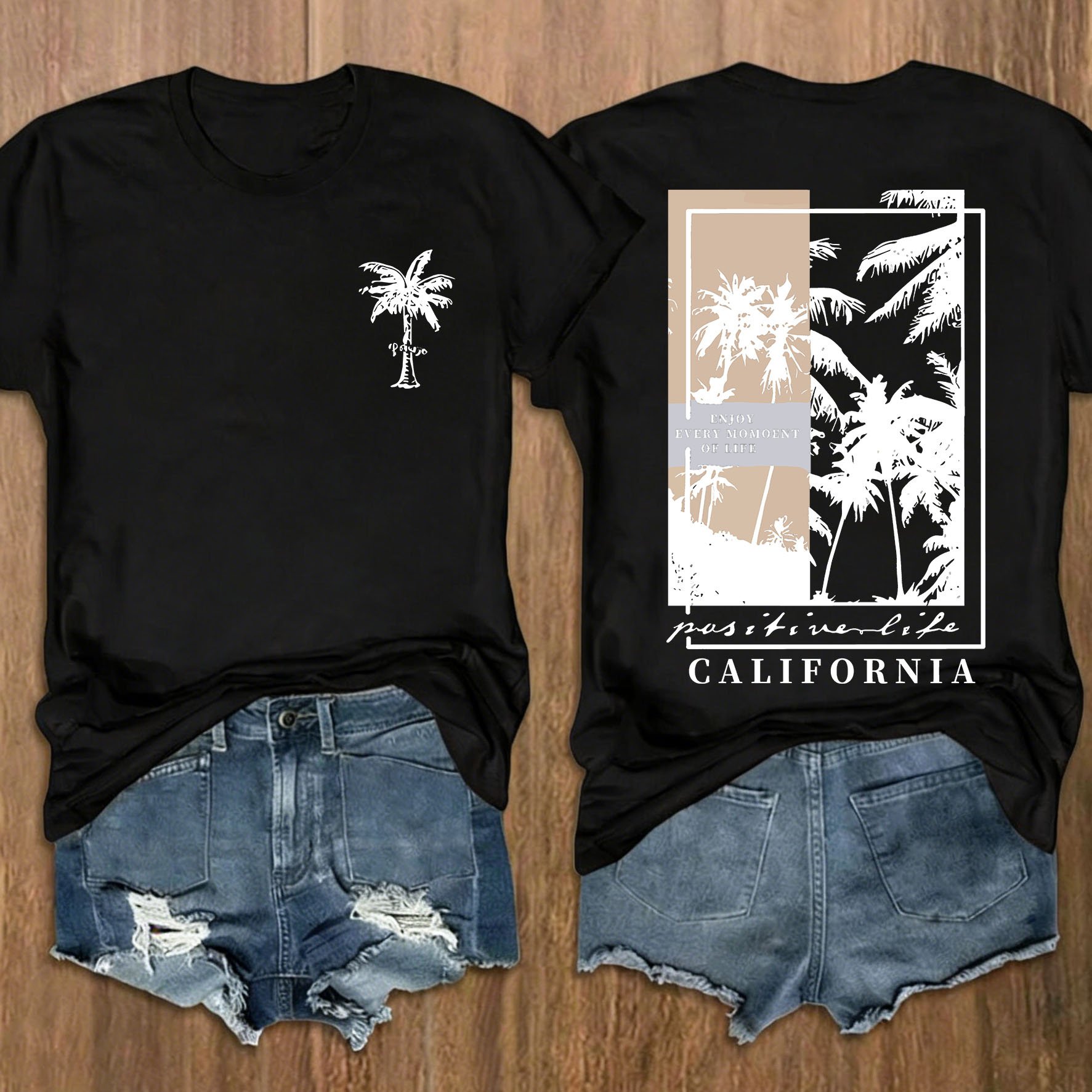 TEMU [Print aan de voorkant en achterkant] T-shirt met korte mouwen en ronde hals 2026 Zomer Nieuw Wit Zwart Casual Letter Palmboom Strandvakantie