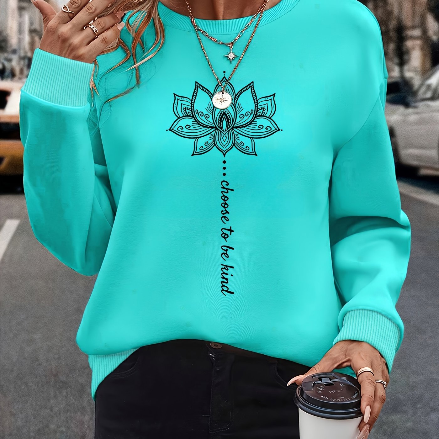 E-shop Elegantes Sweatshirt mit Lotus- & Buchstabendruck, Langarm und Rundhalsausschnitt für Damen - Polyester, Maschinenwaschbar