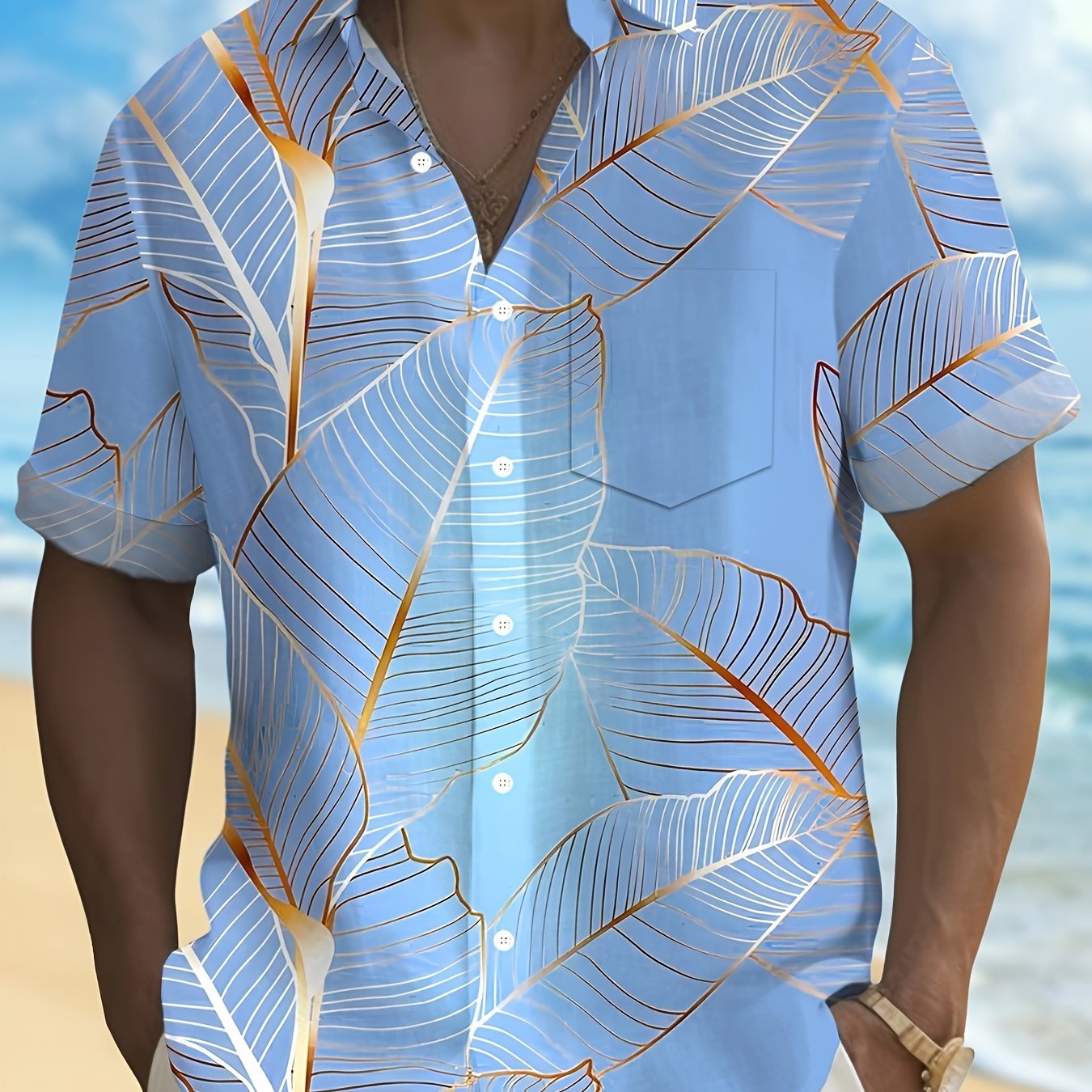 TEMU Hawaiian Botanical Leaf Gradient Print Men's Plus Size Button Pocket Short Sleeve Shirt, Plus Size