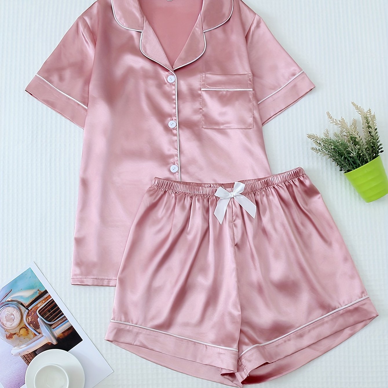 TEMU Women' Satin Casual Pajama Set, Short Sleeve Buttons Lapel Top & Shorts, Comfortable Relaxed Fit