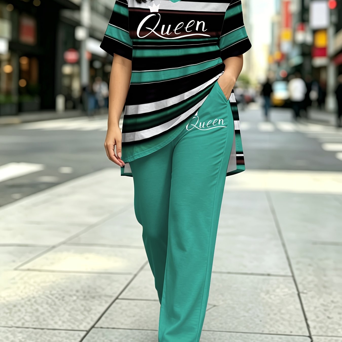 Image of Women's Fashion Suit, Striped "queen" Print Side Slit Short Sleeves With Wide-leg Pants 2pcs Set, Suitable For Daily Casual