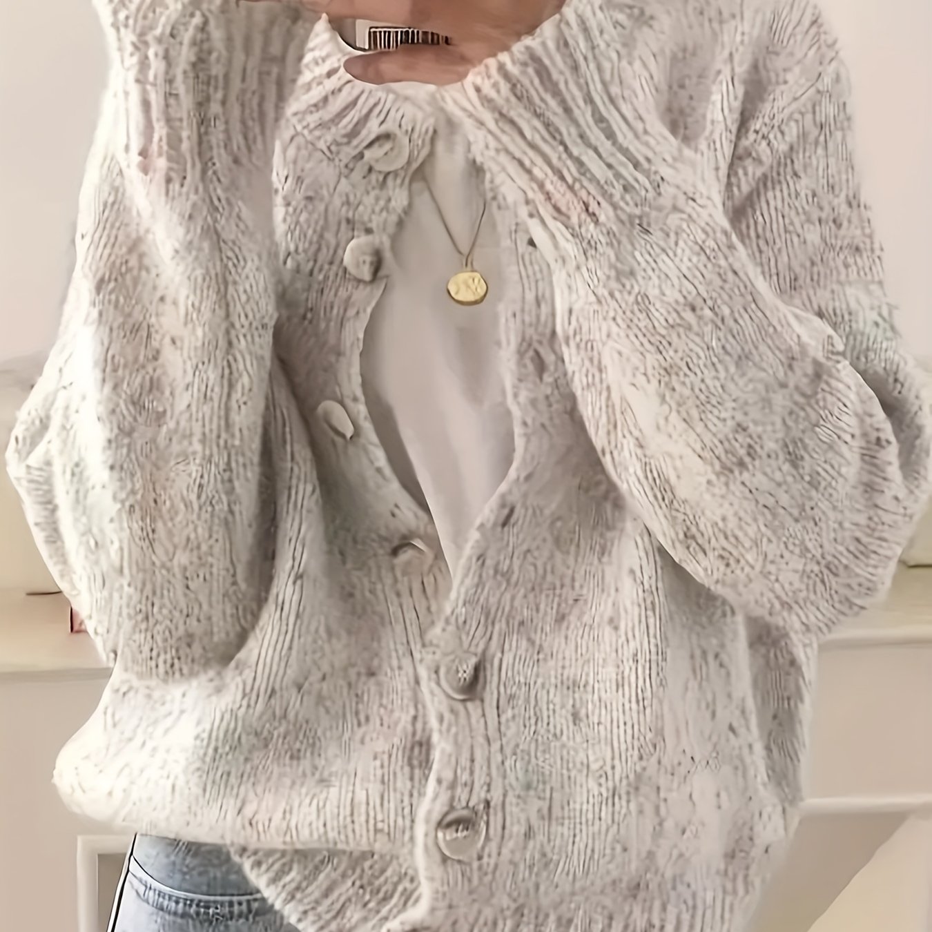 Image of Plus Size - Plus Size - Women's Elegant Elegant Cardigan - Spring And Autumn High Elastic Round Neck Sweater With Decorative Buttons, Hand Wash/, Casual To Formal, Classic Women's Sweater, Textured