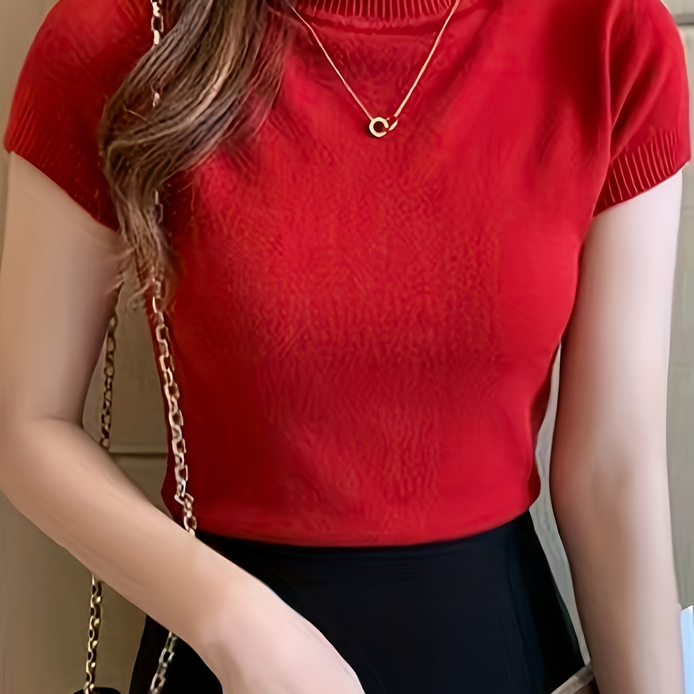 TEMU Women's Elegant Y Fiber Pullover - Round Neck Short Sleeve Thin Layering Top, Medium Stretch Versatile Solid Color Shirt For Casual & Formal