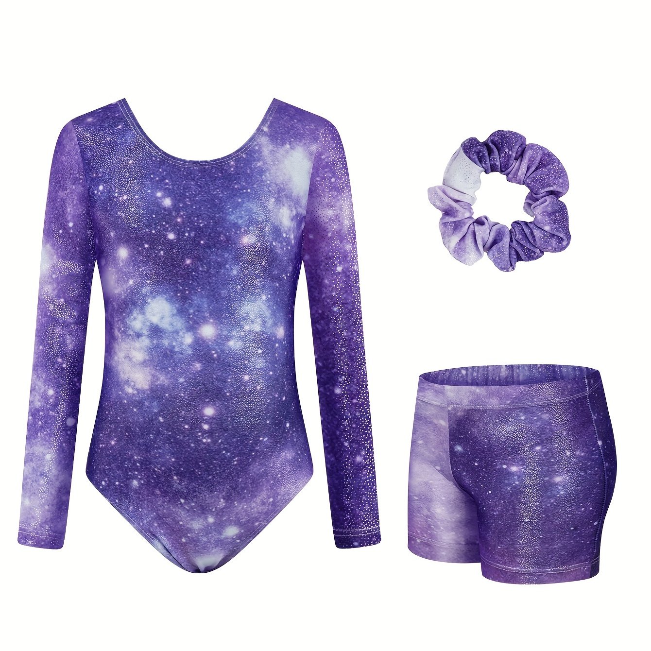 Image of 3pcs Girls' Gymnastics Leotard Set, Starry Sky Printed Long Sleeve Triangular Leotard, Long Sleeve Bike Strap Shorts And Ballet Tumbling Set 3-12, For Outdoor