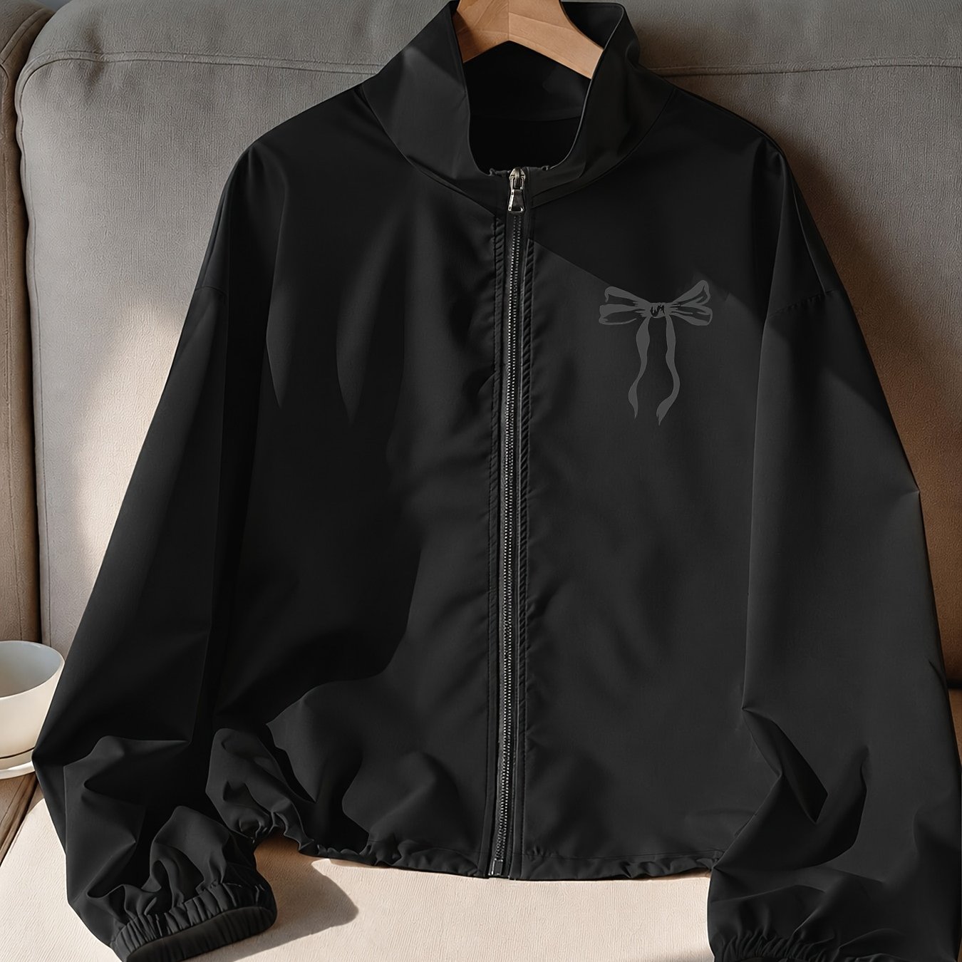 TEMU [Estampado en el pecho] 1 pieza de chaqueta para mujer con diseño elegante y hermoso de , y lindo, cuello alto casual, cremallera, manga larga,