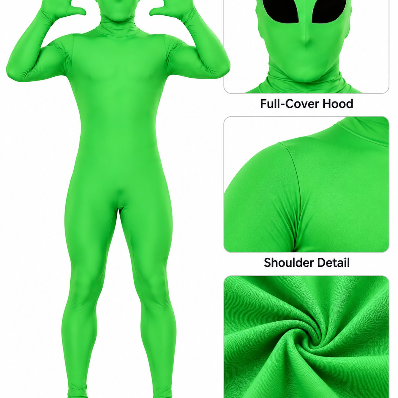 TEMU Combinaison intégrale d' vert fluo pour homme avec capuche, costume de rôle-play de science-fiction extensible et moulant pour les fêtes