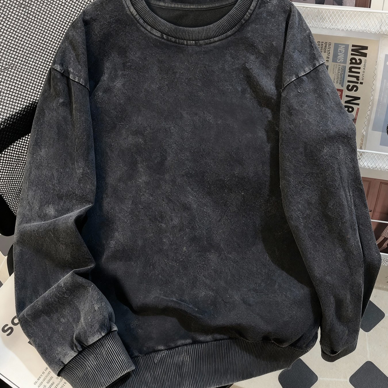 Artikelbild herren vintage washed oversized sweatshirt - uni-farben rundhals winter-warm-pullover, lockerer schnitt casual strickjacke für herbst & winter, maschinenwaschbar (kein trockner) - gemütliches layering-essential in neutralen  