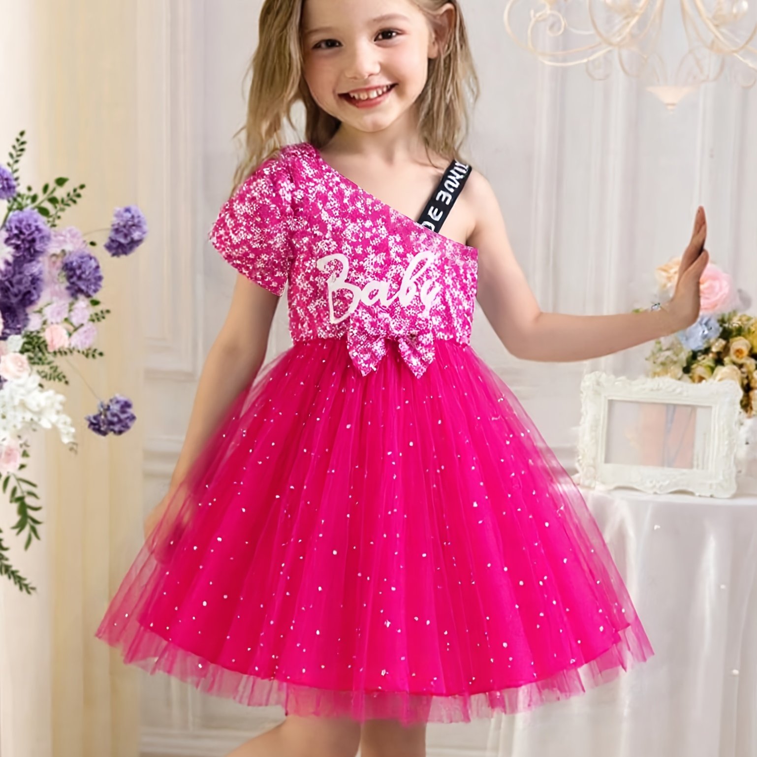 Image of Young Girl Fashion Casual Half-slip Dress With Simulated Beads, Letter Print, Beaded Mesh , And Lining For Summer