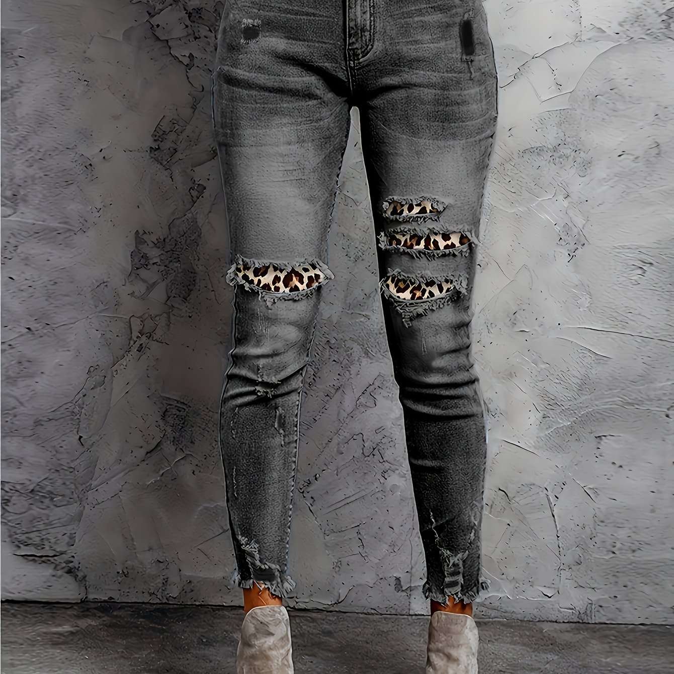 Leopard Print Ripped Skinny Jeans Embossed Crotch Hem - Temu