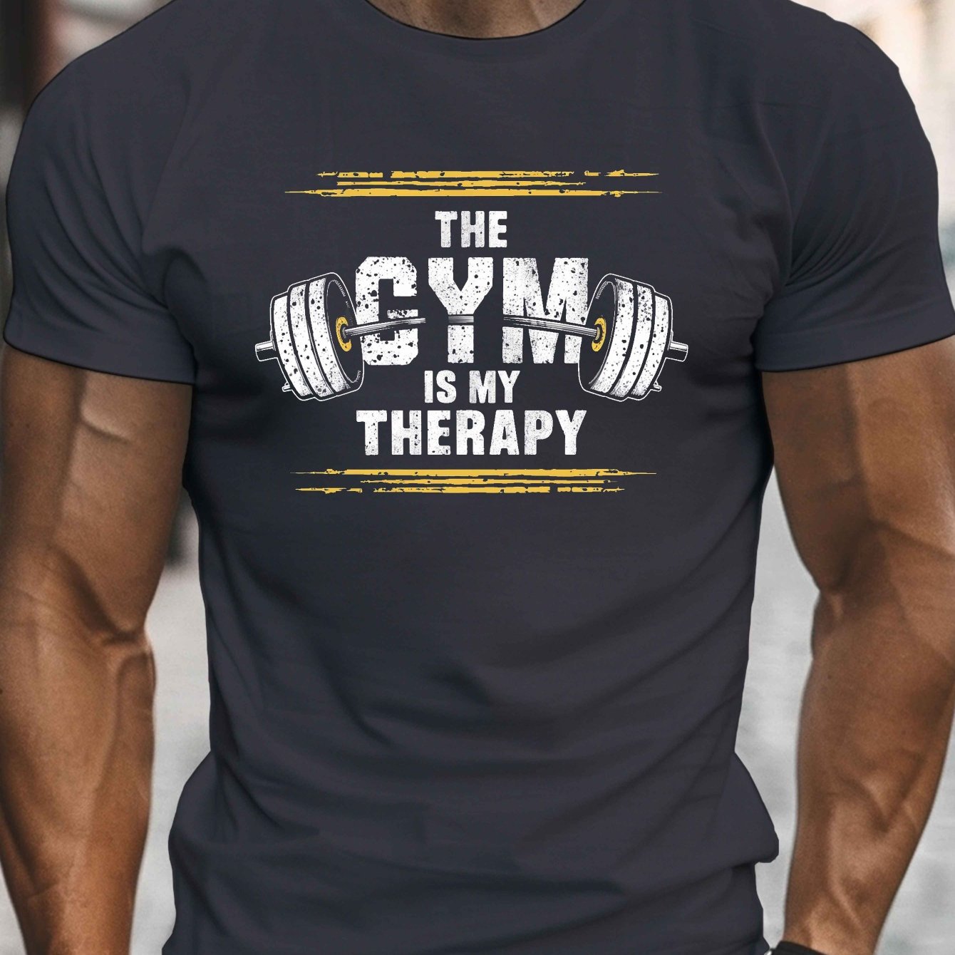 TEMU 1pc Men's Casual Polyester T-shirt With " Is My Therapy" Barbells Print, Round Neck, Short Sleeve, Summer Knit Top With Geometric Pattern,