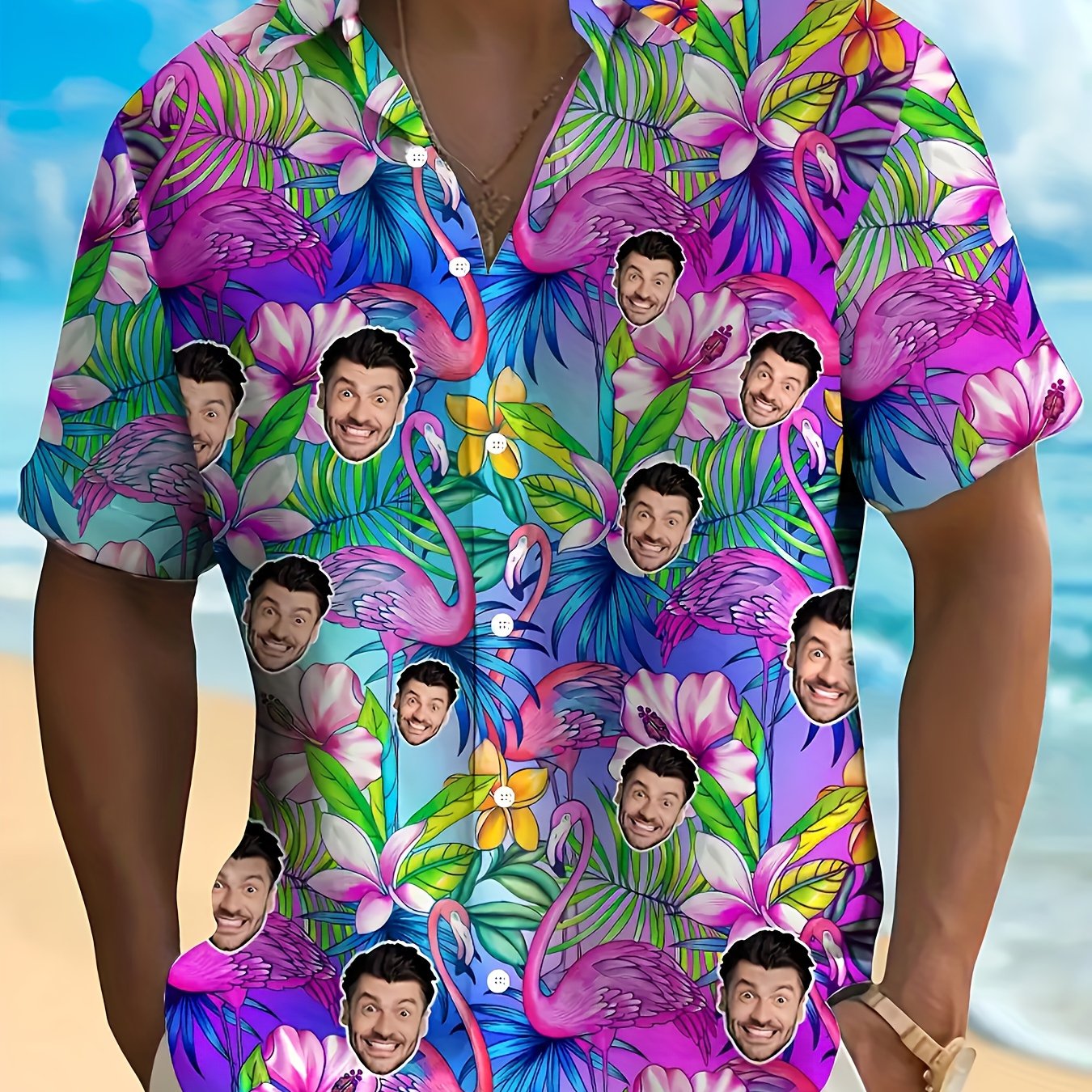 TEMU Men's Custom Photo Hawaiian Shirt - Personalized Face & Button-up Collar Short Sleeve Shirt With Tropical Print, Hawaiian Suit For Beach