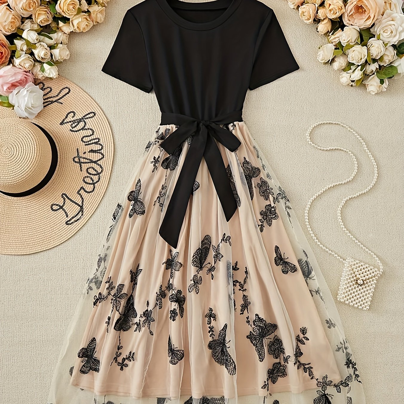 Image of Women's Lace Mesh Pattern Print Dress With Belt, Suitable For Parties, Vacations, And Dating Outfits