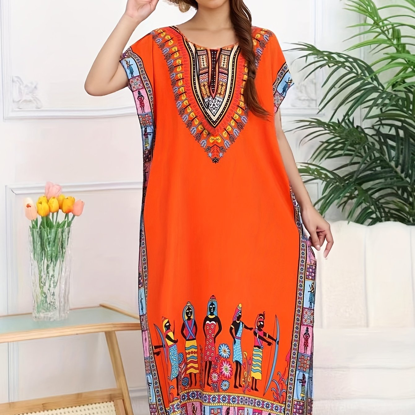 TEMU Ethnic Style Dress Summer New Bohemian Style Vacation Batwing Sleeve Dress Loose Beach Dress