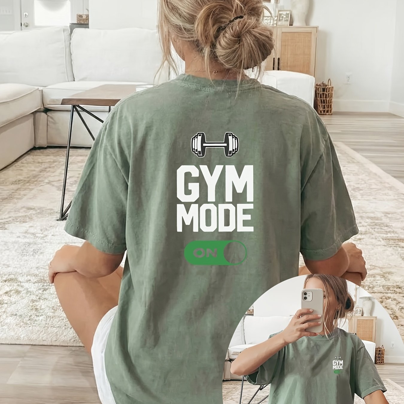TEMU This Short-sleeved Round-neck Casual Top Features A Dumbbell Pattern Along With ' Mode' Printed On Sides, Making It Suitable For Women To Wear