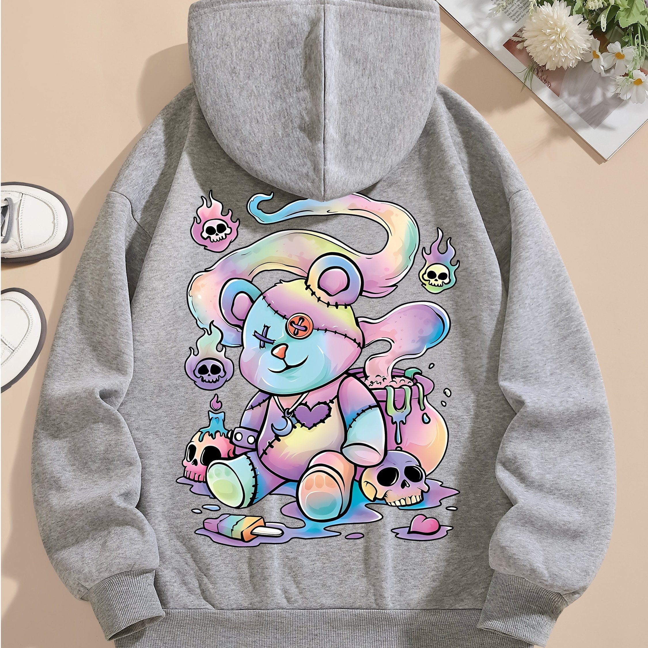 TEMU Cartoon Bear Print Hoodie, Drawstring Casual Hooded Sweatshirt For Winter & Fall, Women's Clothing