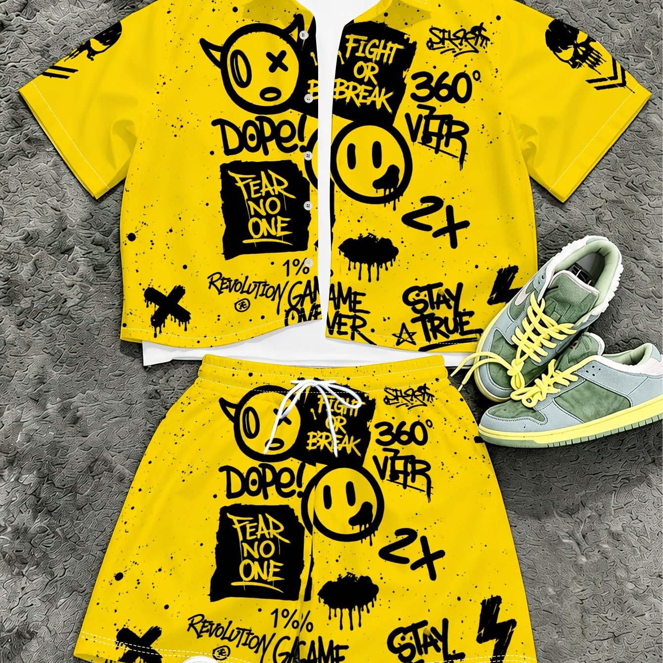 TEMU Men' Graffiti Style Short Shirt And Shorts 2pcs Set Summer Trendy Casual Athletic Suit Individual Print Beach Vacation Clothing