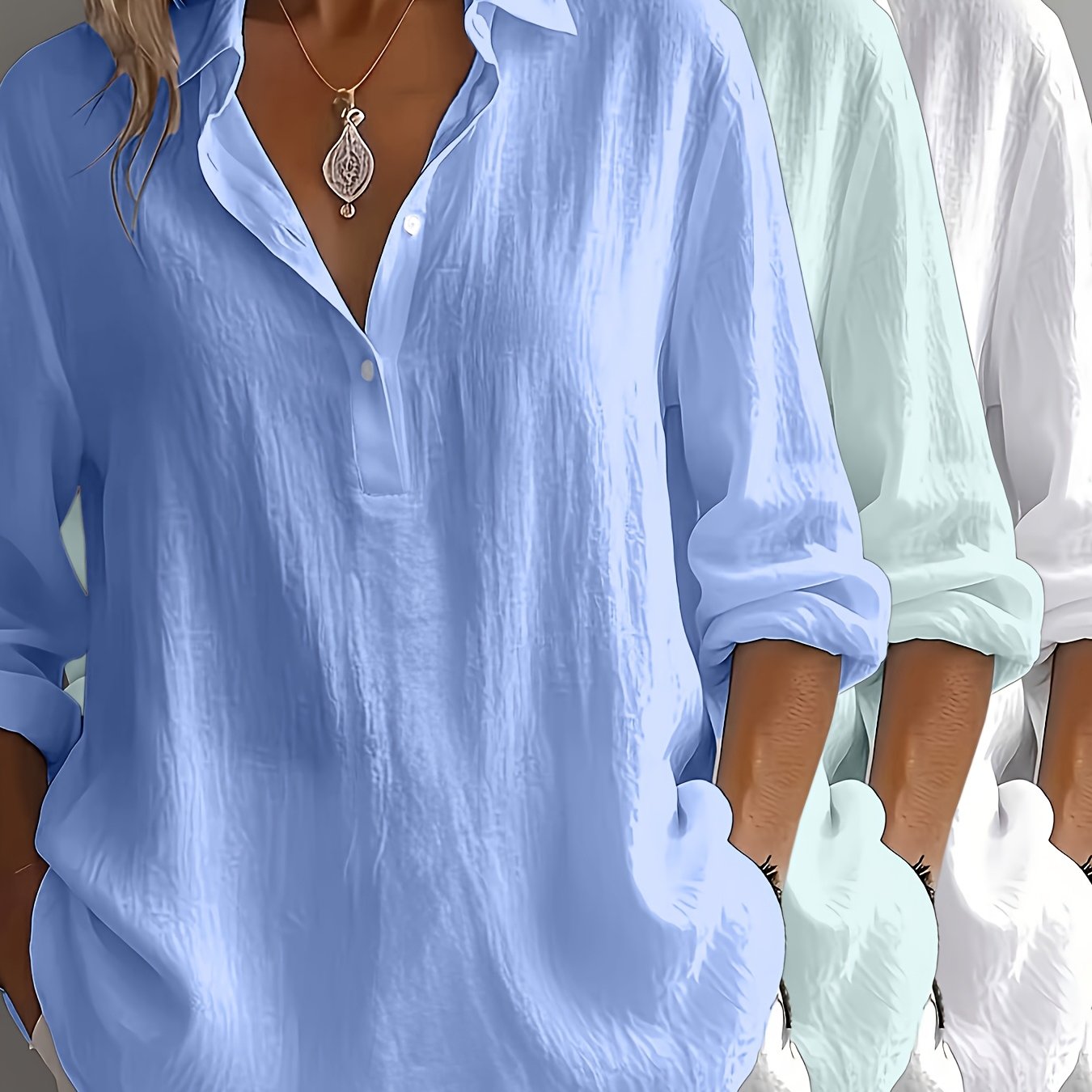 TEMU Plus Size - 3pcs Set, Available, New Stunning Elegant Directional Semi-open Collar Long Sleeve Loose All-match Women's Plus Size Shirt