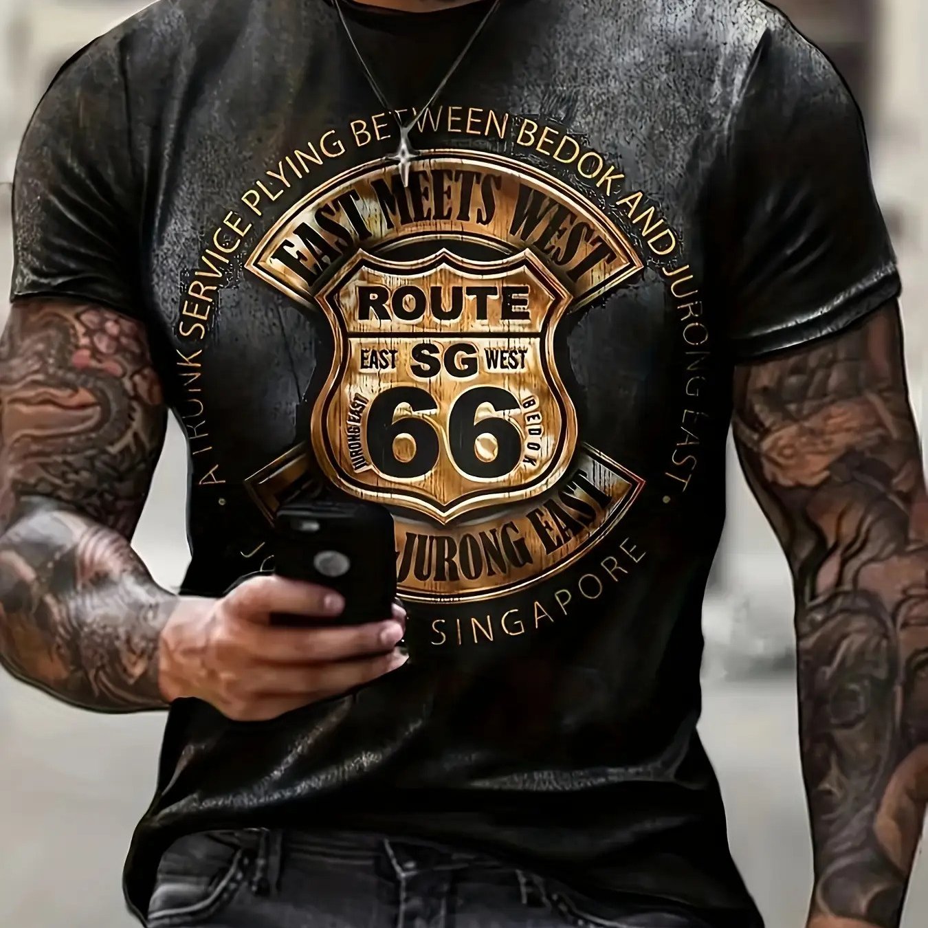 TEMU Men's Vintage Route 66 Graphic T-shirt - Black Casual Short Sleeve With , Summer Outdoor Streetwear, Crew Neck, Regular Fit, Streetwear Fashion,