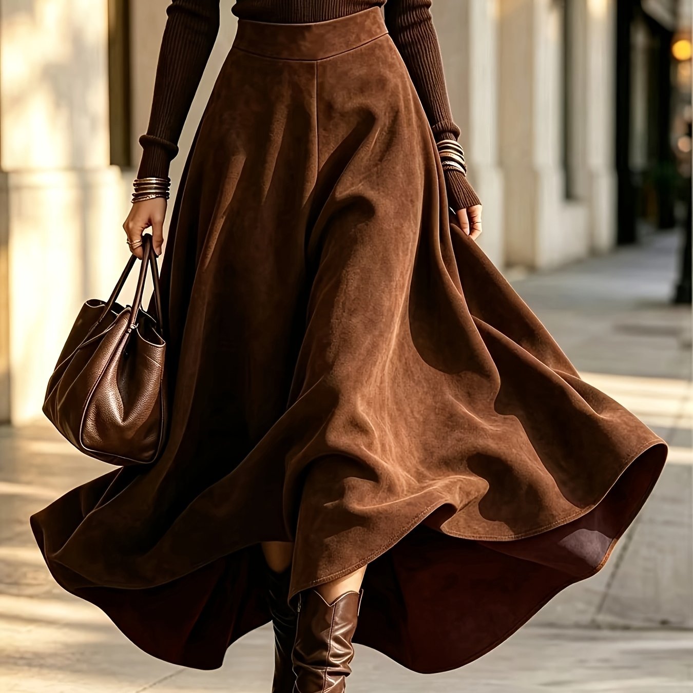 TEMU Women's High-waist Vintage A-line Flowing Maxi Skirt, Suitable For Autumn/winter Outdoor Vacation Fashion Casual Business Party Wear