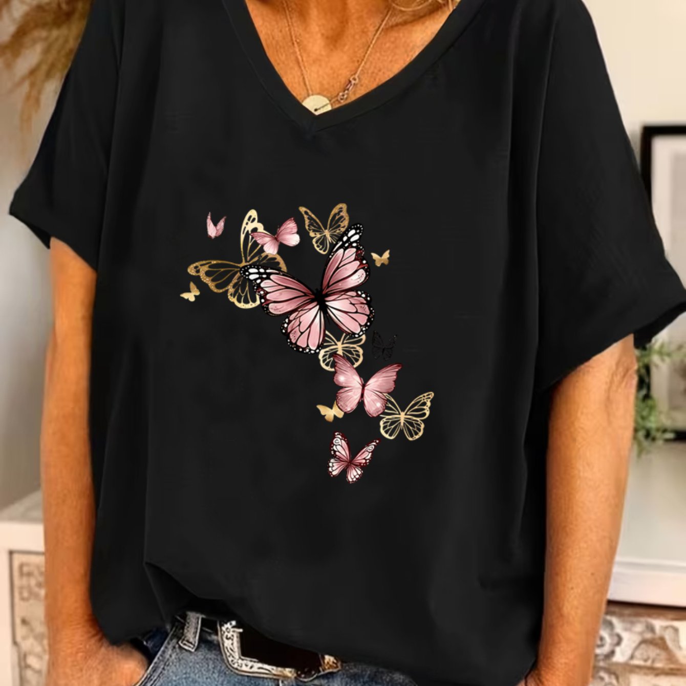 TEMU Plus Size - Plus Size - Plus Size 1XL-8XL - Plus Size Damen V-Ausschnitt Fledermausärmel Top T-Shirt, lockere Passform, lässiges Oberteil,