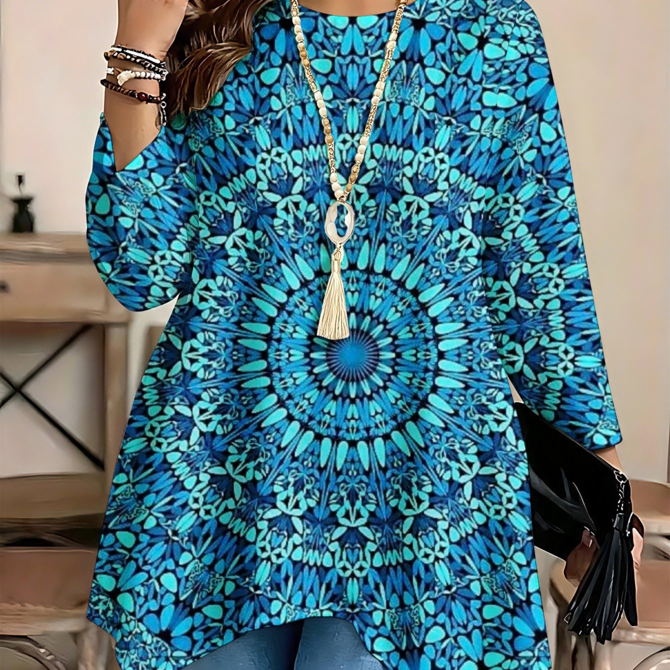 Image of Plus Size - Fashionable , Women's Long-sleeve Blouse With Round Neck And Asymmetric Hem, Blue Mandala Top . Ideal For Spring And Summer Wear, For Plus-size Women