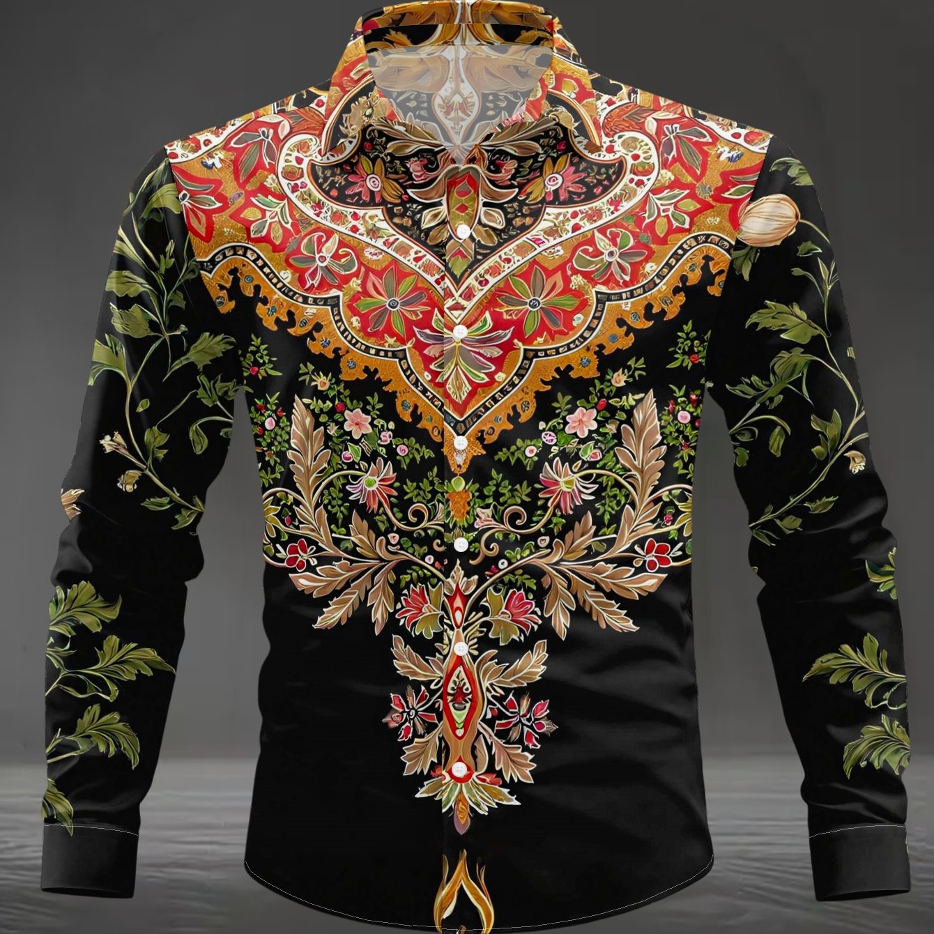 TEMU Men's Long Sleeve Shirt - Flat Pattern - Textureless - Exquisite Floral Decorative Motif, Fashionable Easy Long Sleeve, Button-up, Casual Shirt,