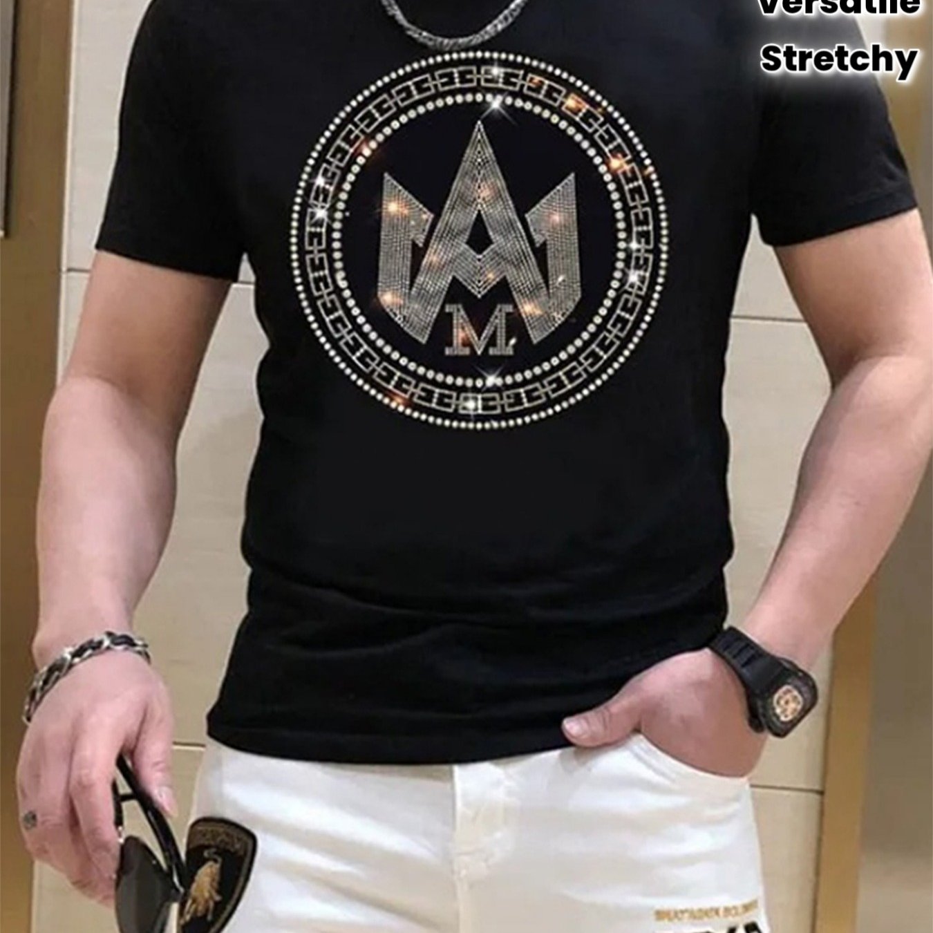 Men's Black T- Shirt With Rhinestone'a' Design- Bohemian Neck Short Sleeve, Stretch Fit, All- Season Casual Top, Sizes S- 6xl, Machine Washable, Versatile Clothing Medium Elasticity