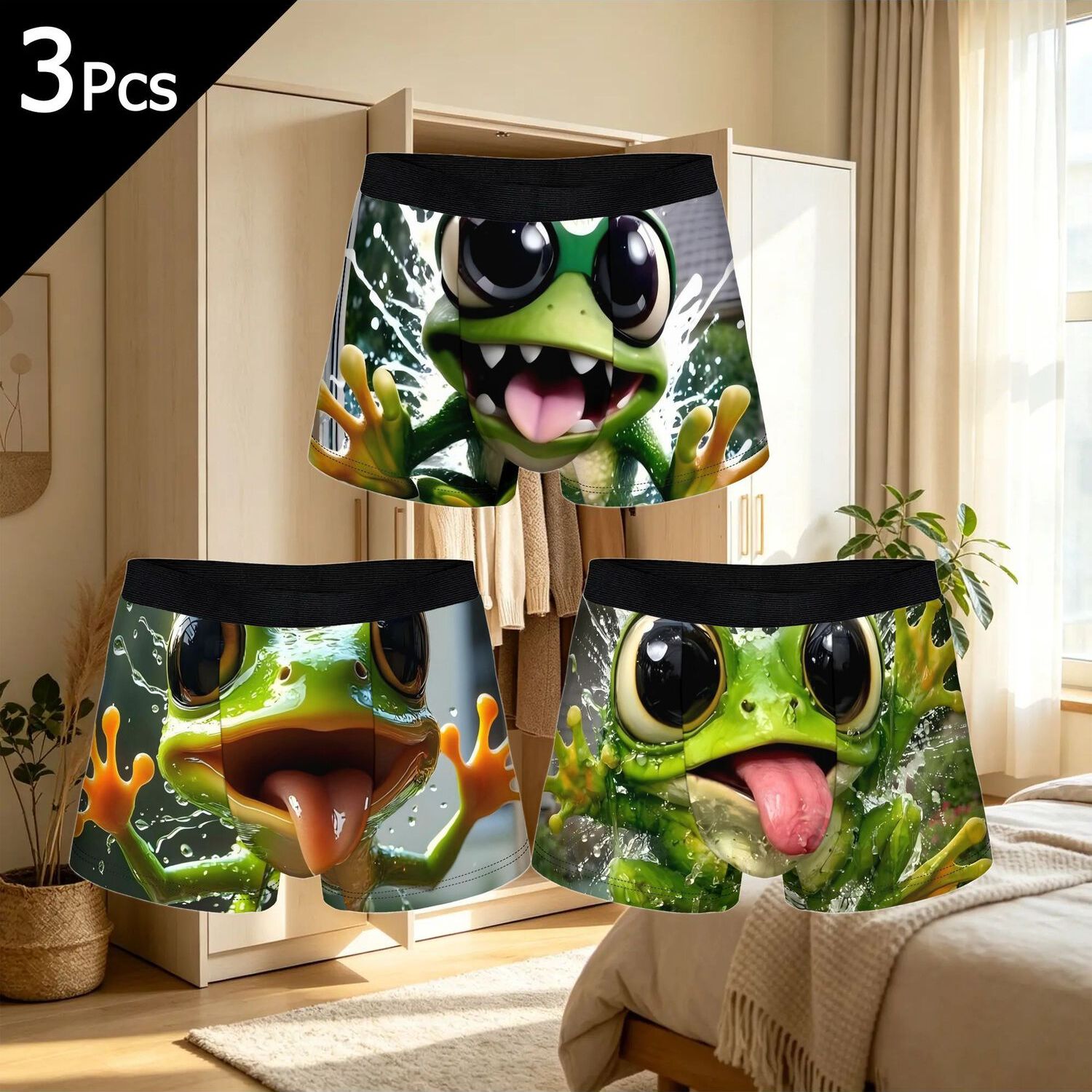 TEMU 3pcs Water Splashing Frog On Glass Biihudu Underpants Homme Panties Men's Underwear Print Biihudu Shorts Boxer Briefs