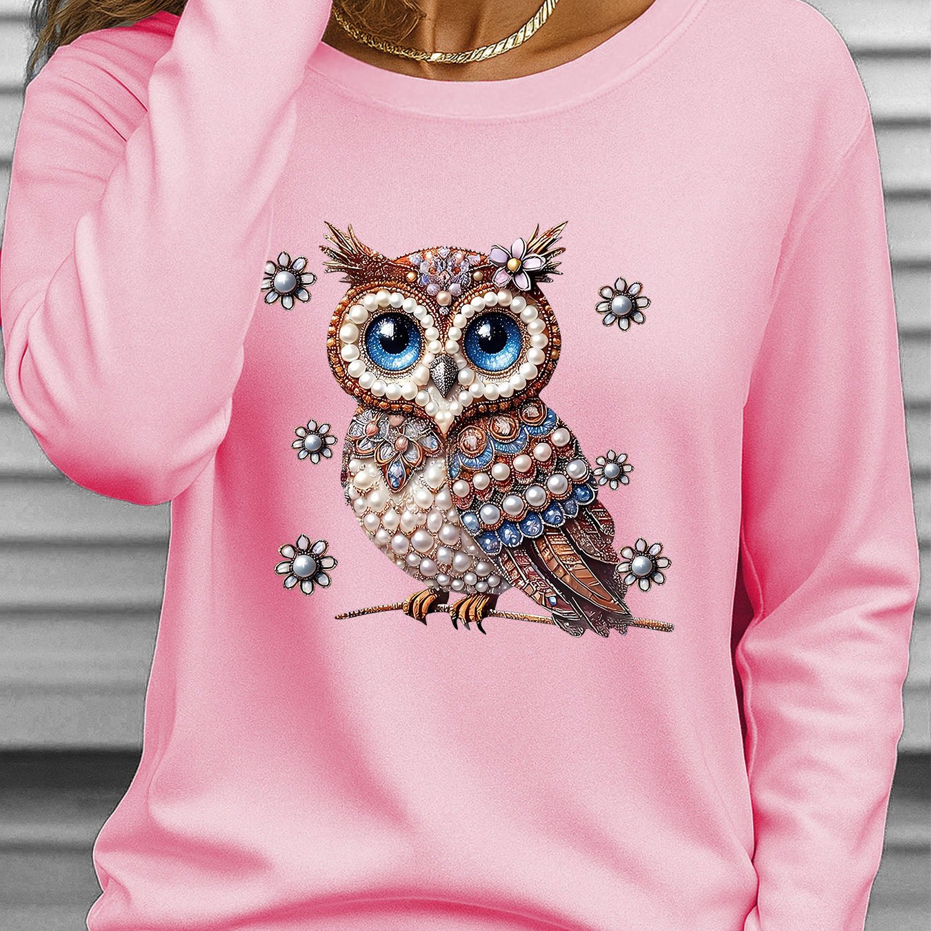 TEMU Women's Plus Size Pearl & Gemstone Owl Print T-shirt - Long Sleeve Crew Neck -compatible Top | Non-sheer Suitable For Fall/winter Layering,