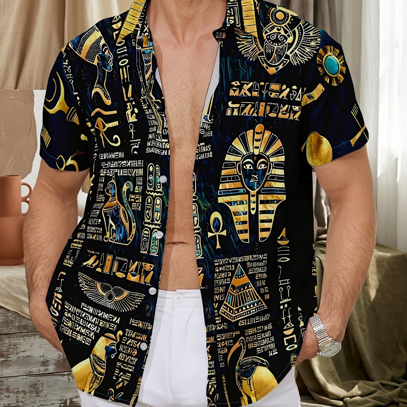 TEMU [print Design-not Textured] 2026 Summer 's Plus Size Shirt, Men's Fashion Short Sleeve Shirt With Ancient Egyptian Hieroglyphic Print, Casual