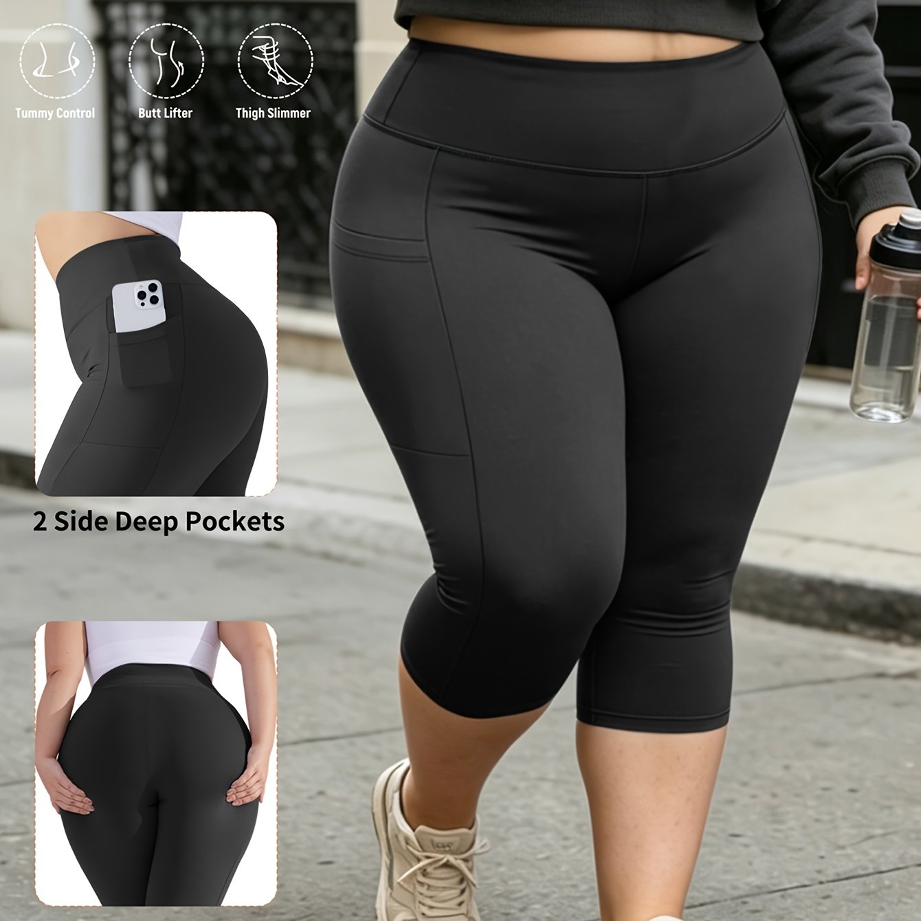 TEMU Spring/summer/autumn Plus-size Women's Casual Sporty Capri Leggings With Side Pockets, Yoga And Fitness Mid-length Pants, Running And Workout