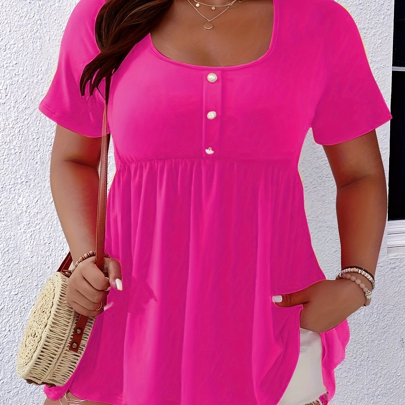 TEMU Plus Size - Plus Size - Targeted Development, Fashionable New Solid Color Plus Size Button-up Versatile Women's Top