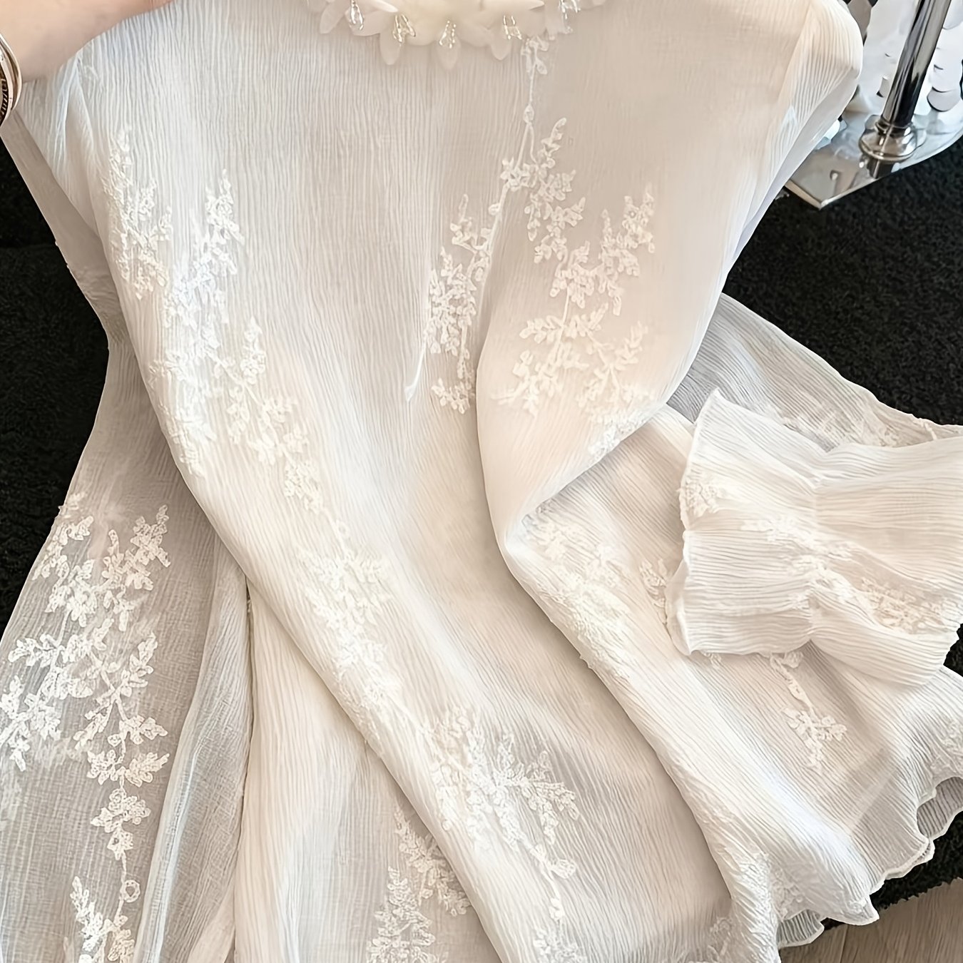 TEMU Blouse pull légère à manches longues pour femme, patchwork de dentelle florale perlée froncée texturée, mode printemps/été/automne
