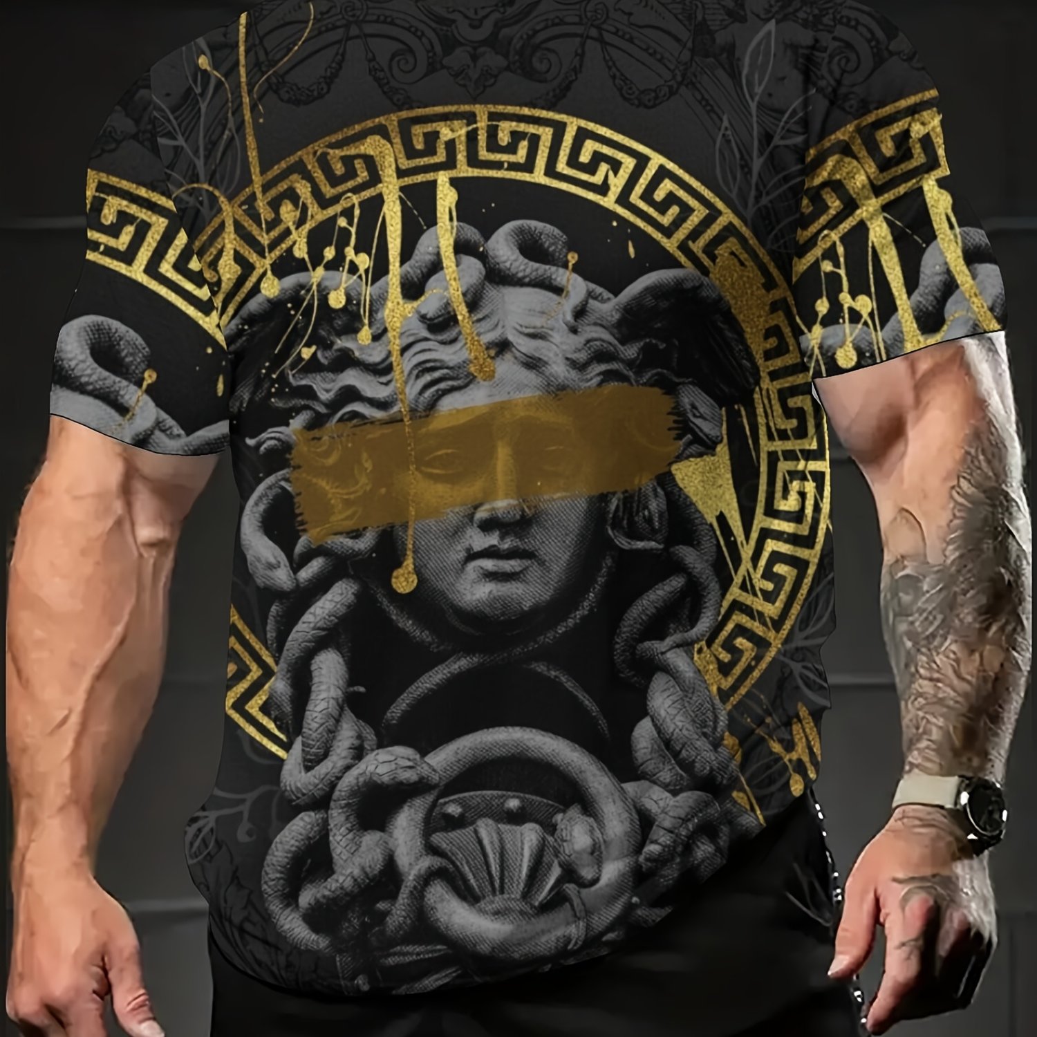 TEMU Print Design-nottextured Men's Pattern T-shirt - Chain And Greek - Breathable Street , Concert, Urban Wear - Machine Washable Summer Top - Youth
