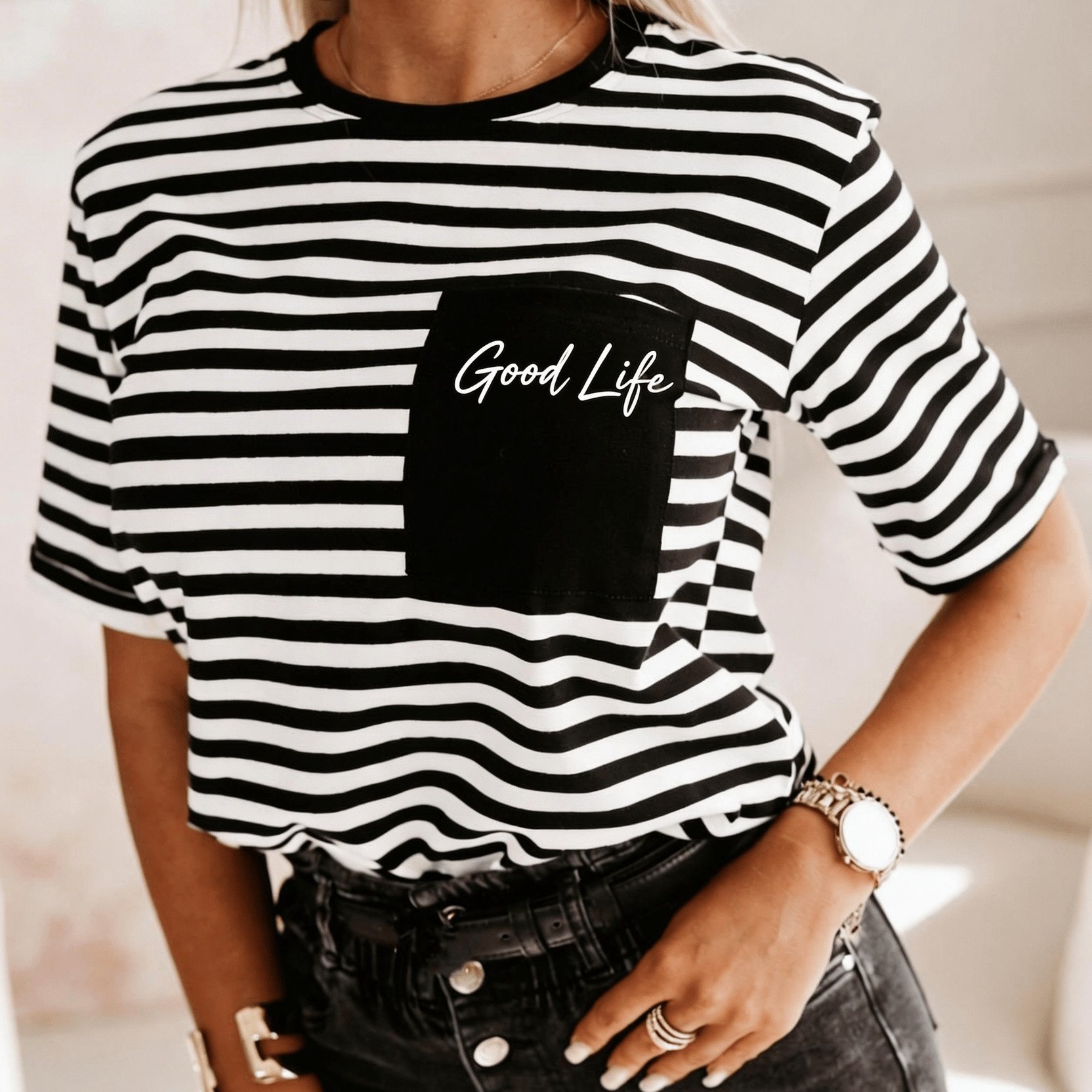 TEMU Summer Fashion Striped Black And Embroidered Letter Short Sleeve Round Neck Casual Women's T-shirt