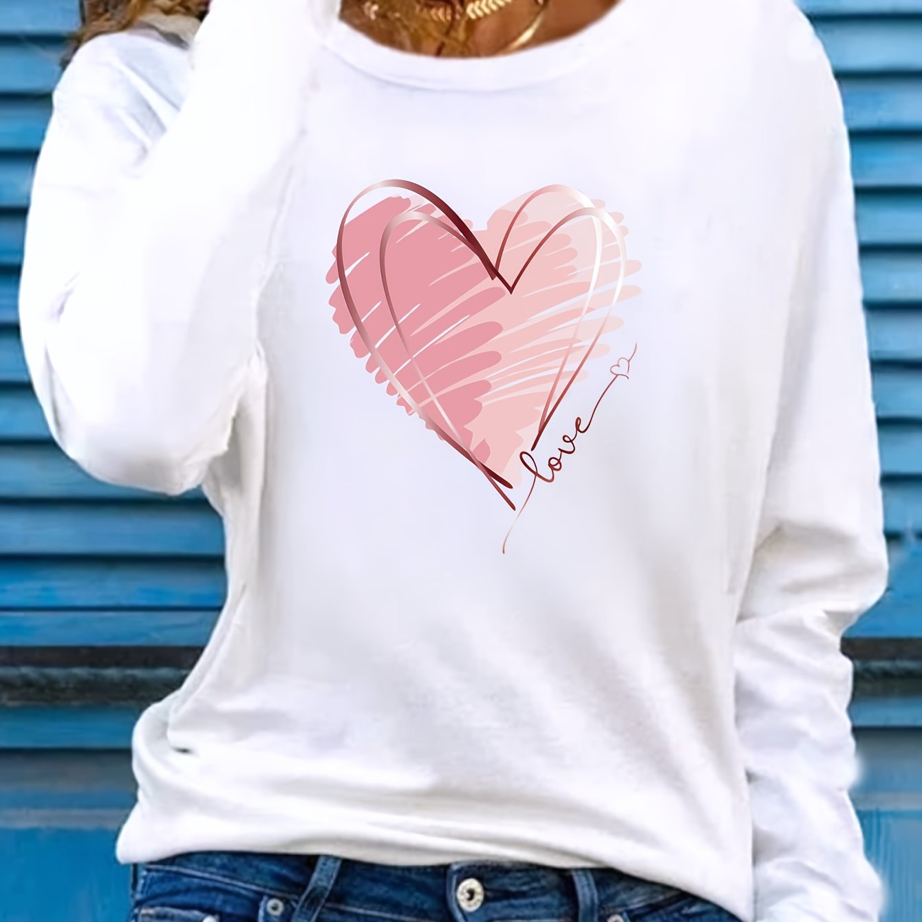 TEMU Heart & Love Print Crew Neck T-shirt, Casual Long Sleeve Top For Spring & Fall, Women's Clothing