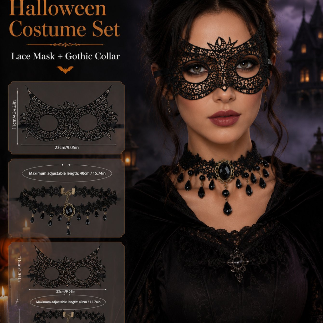 Image of Black Lace Halloween Masquerade Set Adjustable Eye Mask And Gothic Choker Costume Accessories For Women