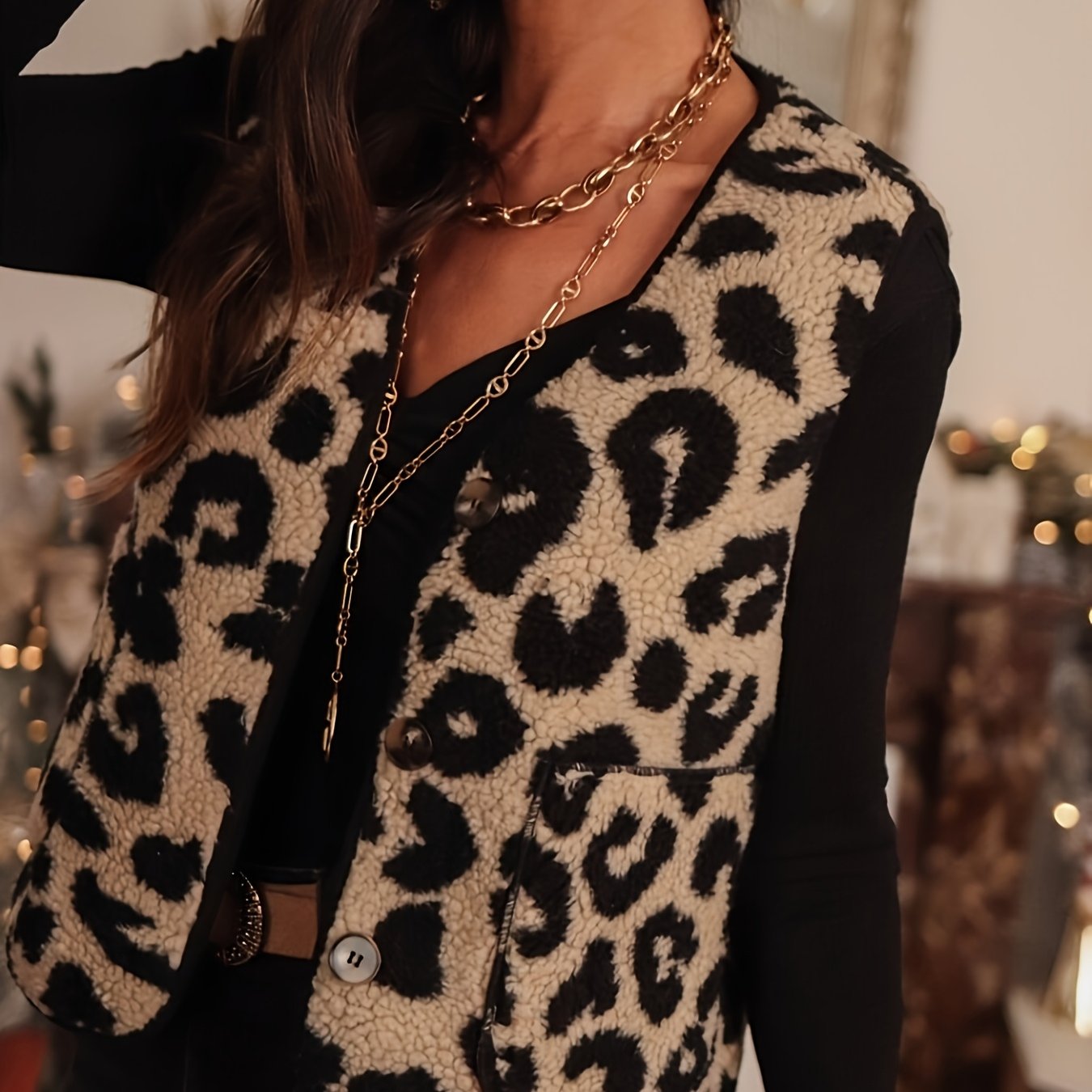 Leopard Print Plush Vest Jacket Women's